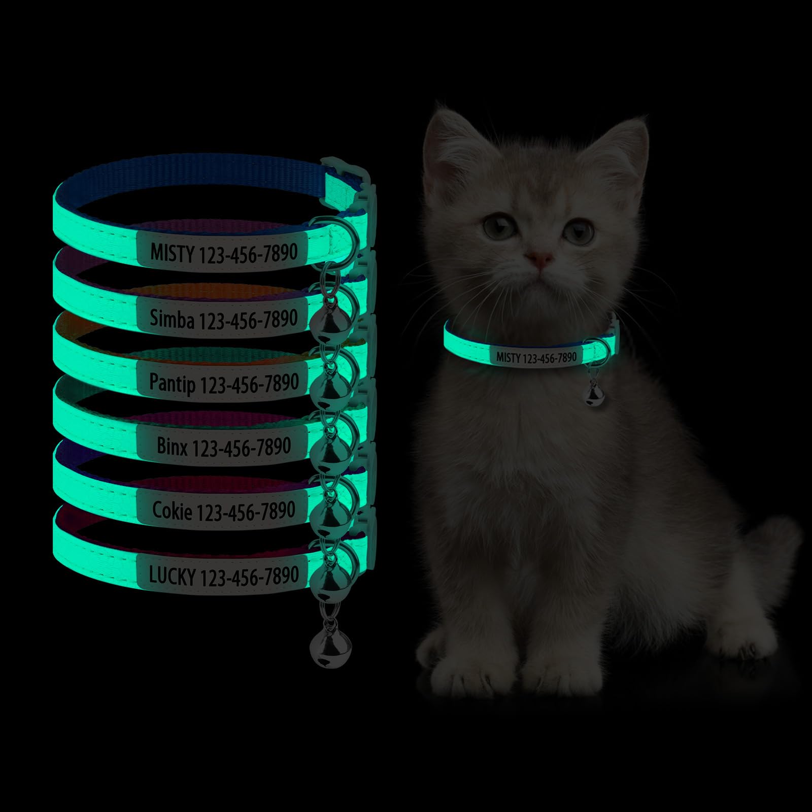 Collar de gato personalizado que brilla en la oscuridad, collar de identificación de gato personalizado con nombre y número de teléfono, collar ajustable luminoso de liberación rápida para mascotas