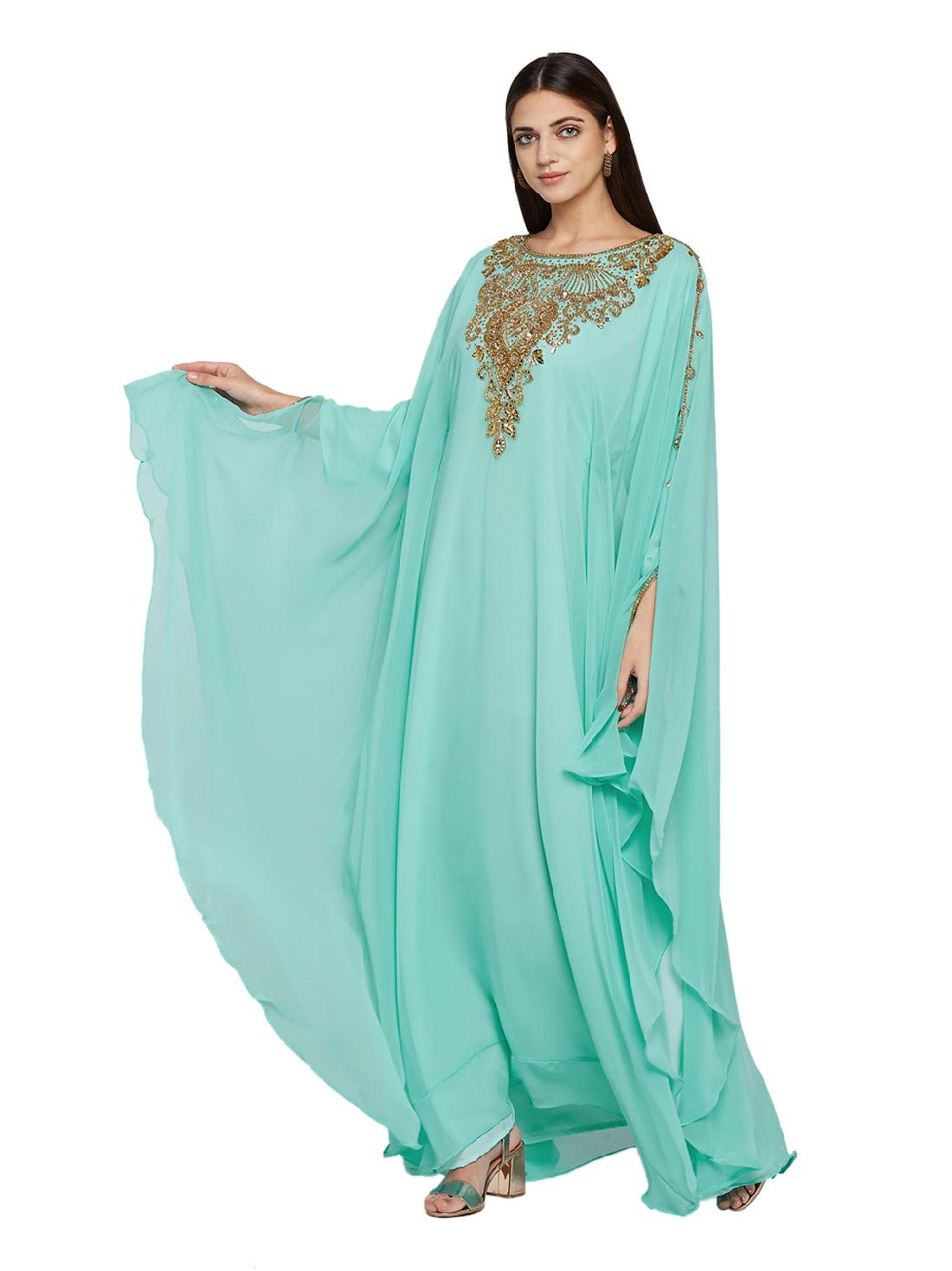 ANIIQWomen Dubai Kaftan Farasha Caftan Long Maxi Dress Long Sleeves Georgette Ethnic, Bridal, Evening, Party, Wedding Dress
