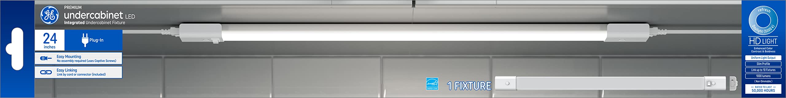 GE Undercabinet LED Light Fixture, Linkable Integrated Plug-In Light Fixture, Daylight, 24 Inches