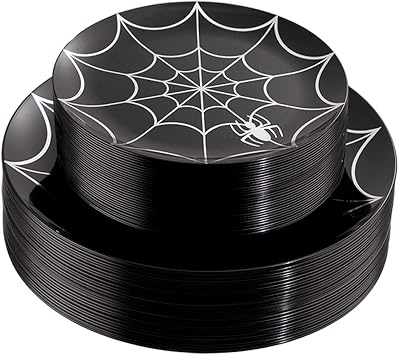 NOCCUR 60PCS Halloween Plastic Plates - 30 Black Dinner/Dessert Plates - Ideal for Halloween Party