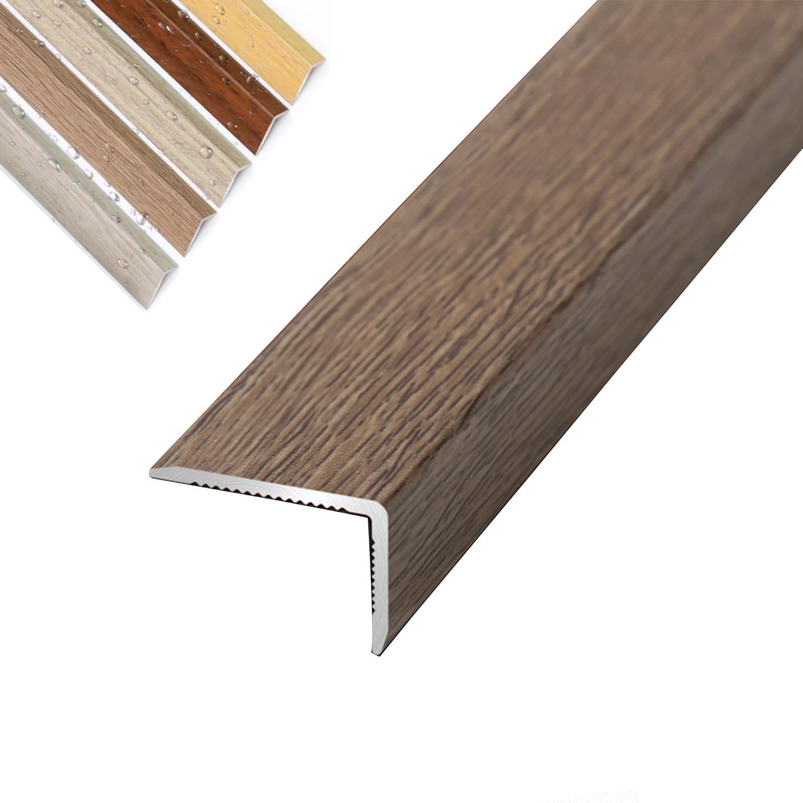 Floor Transition Strip Aluminum Stair Edge Nosing with Wood Grain，90cm L Shaped Doorway Trim, Grain Corner Wall Protector for Cabinet/Baseboard/Threshold(Maca Brown,W2CM)
