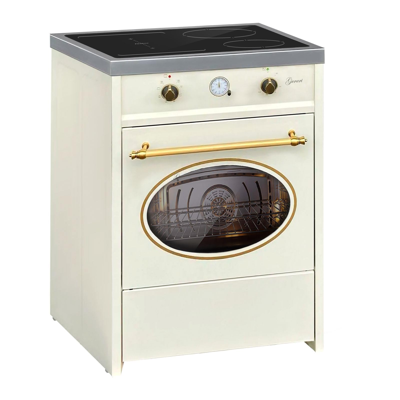 GURARI Kuchenka indukcyjna z piekarnikiem 60 cm GCH E 612 Cr + płyta grillowa z żeliwa | retro Range Coocker kuchenka indukcyjna 4 strefy gotowania | gorące powietrze | grill | kuchenka indukcyjna w