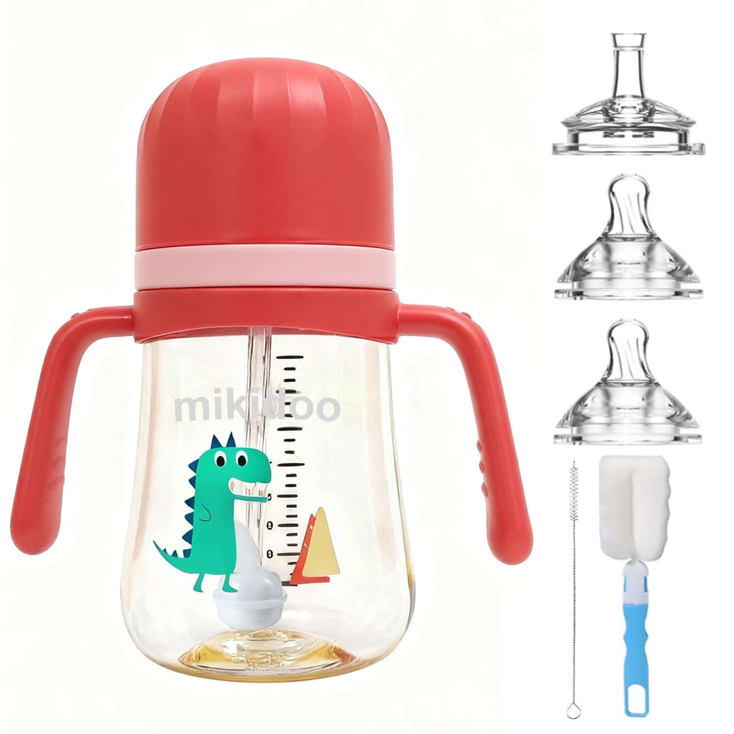 2 in 1 Baby Sippy Cup with Straw and Spout 240ml,Toddler Drinks Water Bottles Trainer Cup with Handles for Babies 6 12 Months(One Bottle with 3 Spout) (Pink)