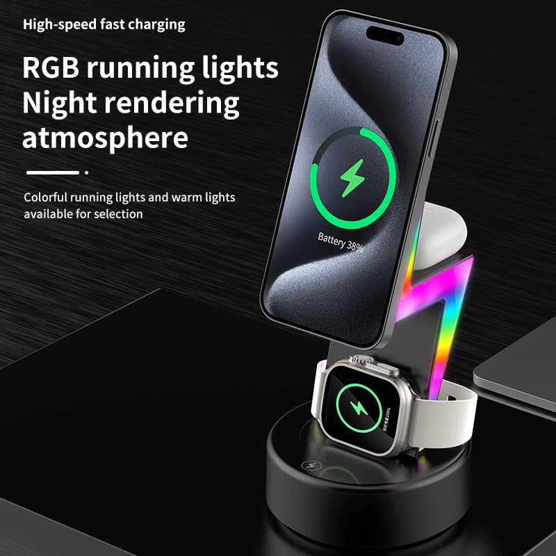 Magnetyczna ładowarka bezprzewodowa 3 w 1 uchwyt na stację ładującą dla IPhone Airpods do IWatch, szybkie ładowanie bazy do inteligentnego zegarka telefonu, światła RGB (czarny)