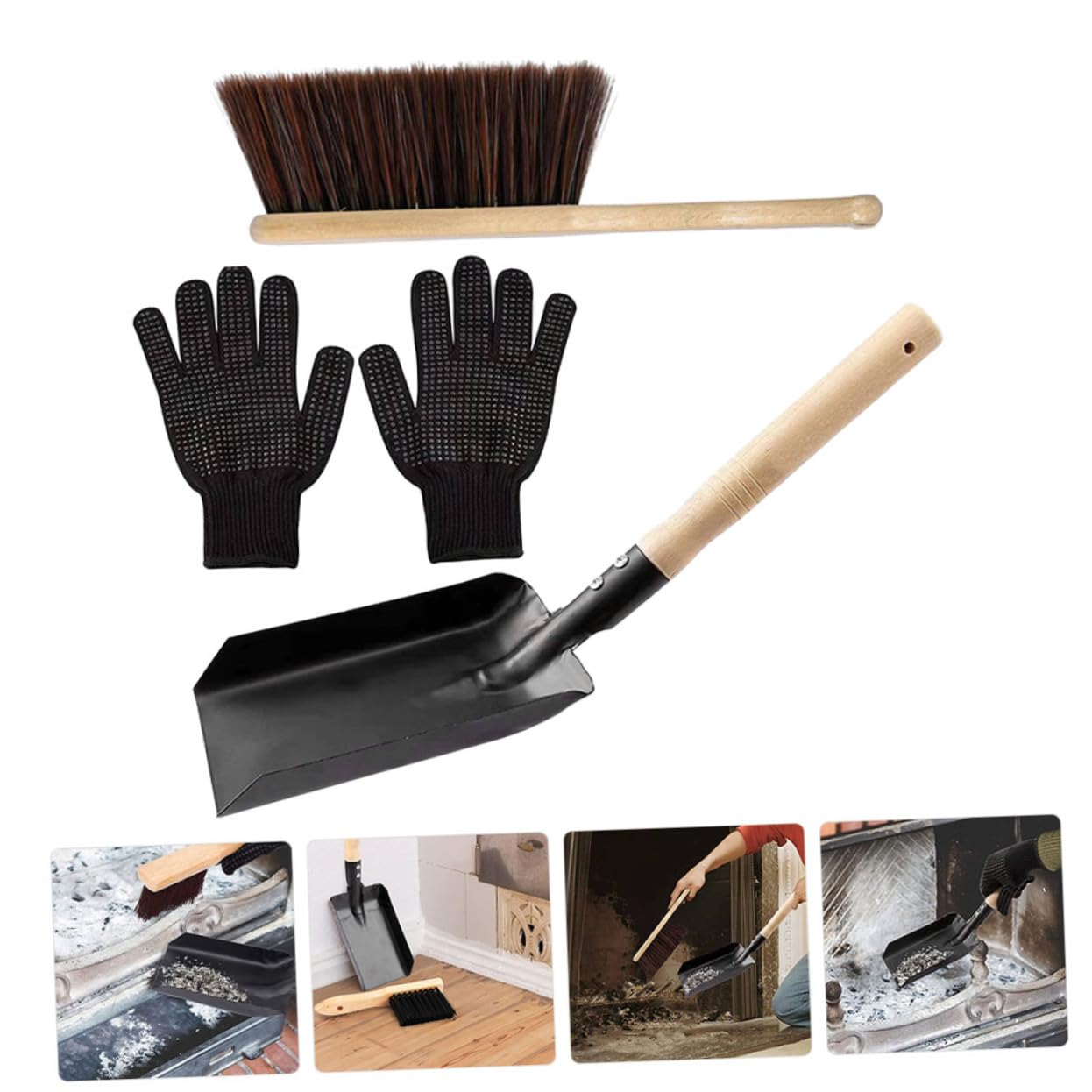 Gatuida Kit la Pulizia del Caminetto Pala per Carbone, Scopa in Legno e Guanti in Silicone Resistenti al Calore, Accessori Domestici Compatti e Portatili per Caminetti e Focolari