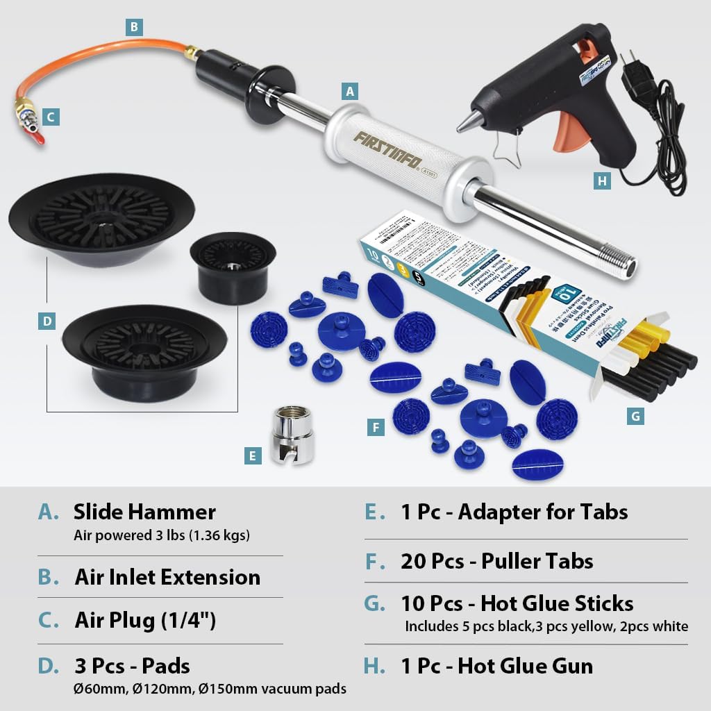 FIRSTINFO A1501USY6 Pneumatic Dent Puller Kit- Vacuum Suction/Slide Hammer/Glue Gun, Sticks, and 20 Puller Tabs