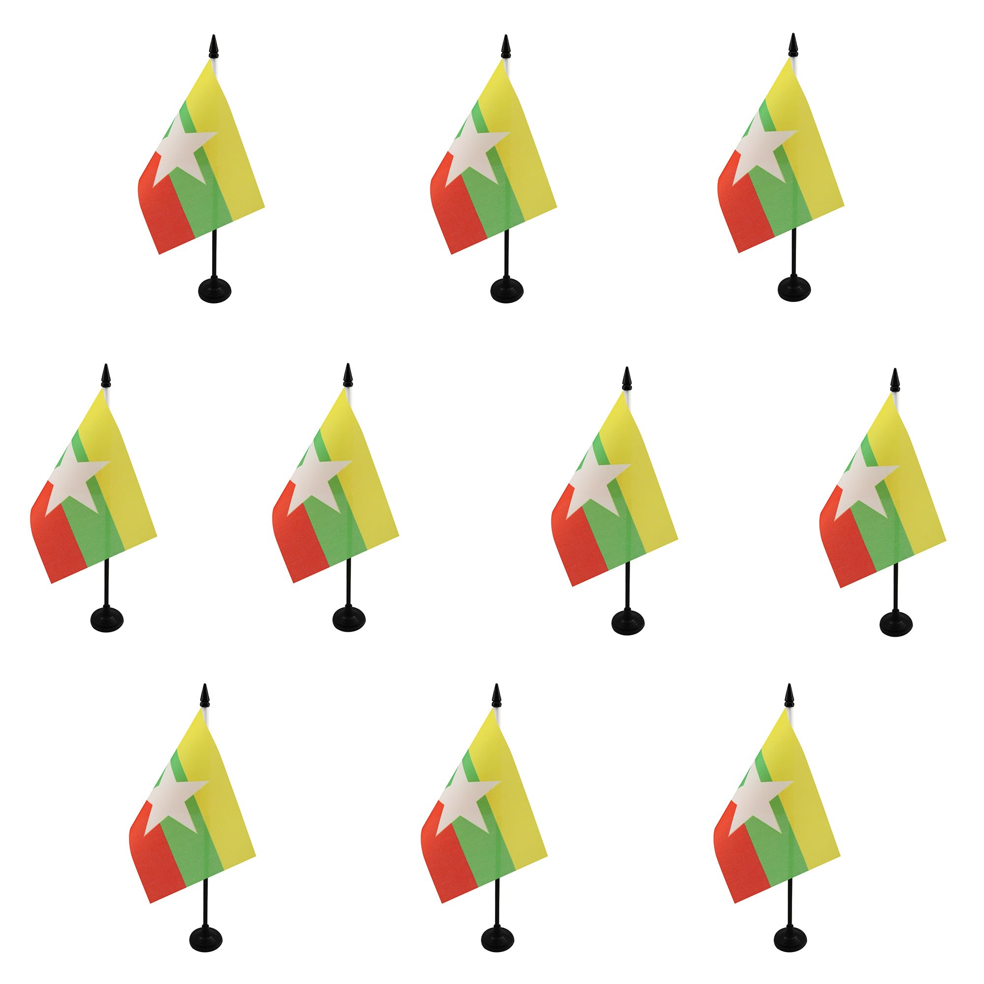 AZ FLAG - Set of 10 Burma Table Flag 4'' x 6'' - 10 Small Burmese Office Flags 100% Polyester 15 x 10 cm - Mini Desk Flag with 10'' Pole and Black Plastic Base