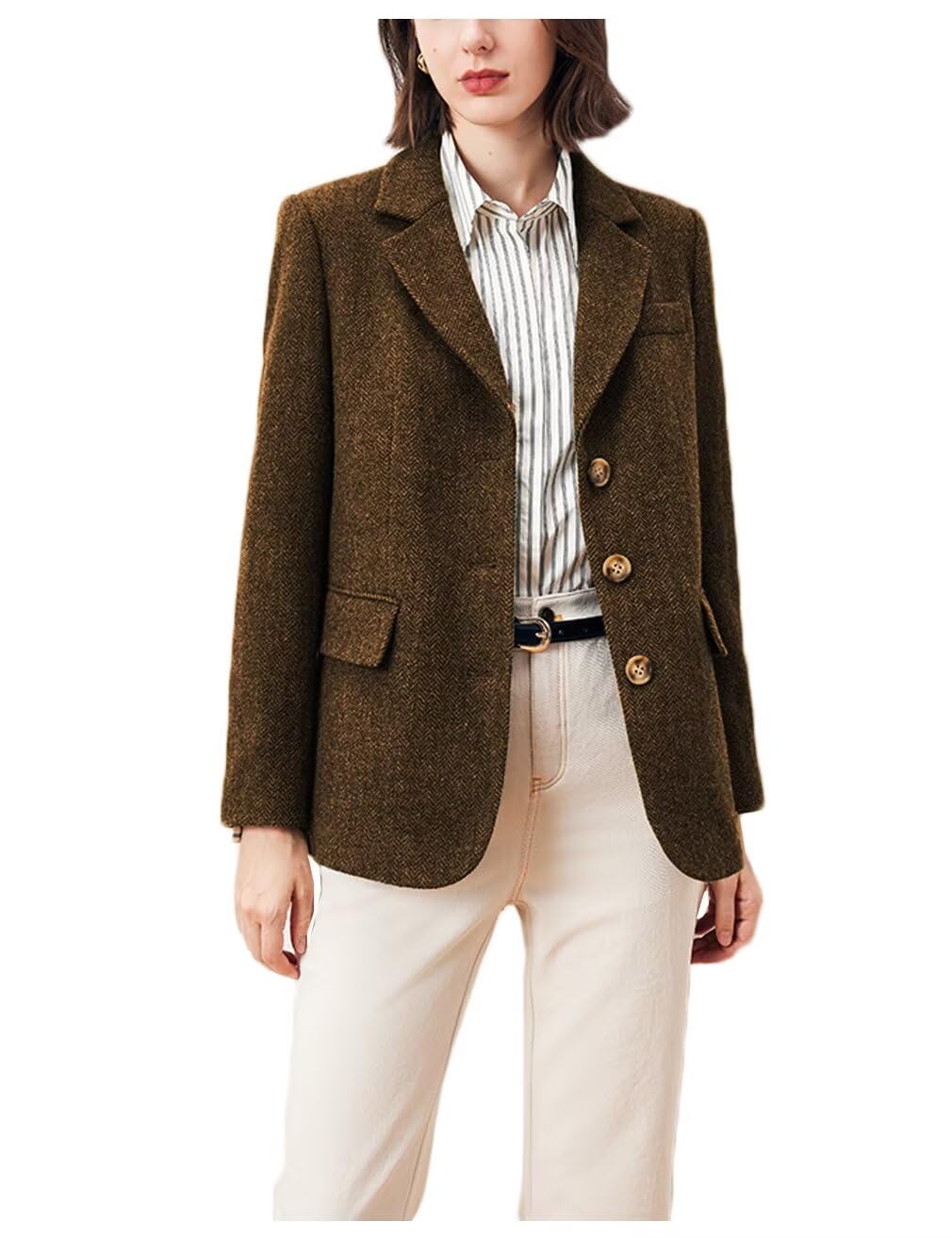 Womens Herringbone Tweed Blazer Notch Lapel Button Down Fall spring Jacket Coat for Office Lady