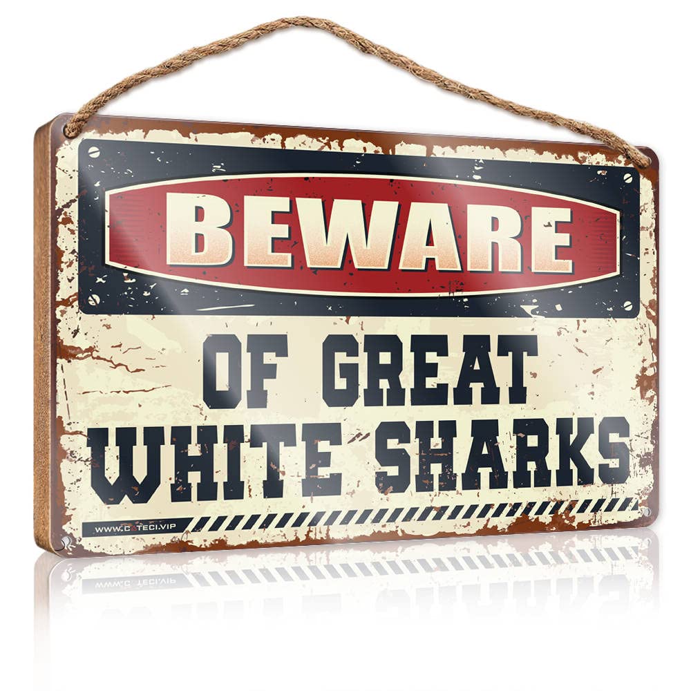 Yyhleh One Color Door Sign For Front Door Outside Beware Of Great White Sharks Wooden Sign(15X28cm)