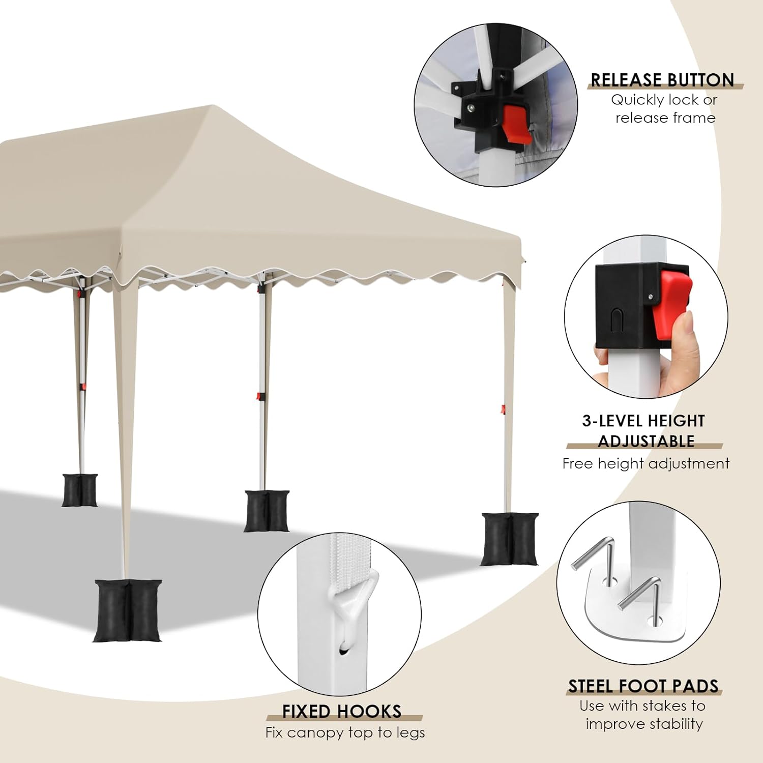 MAMIZO 10x20ft Pop up Canopy Tent w/6 Sidewalls, Heavy Duty Wedding Party Tent, Height Adjustable Large Commercial Gazebo, Instant Sun Protection Shelter W/Upgraded 3 Raised Roofs, Carry Bag (Khaki)