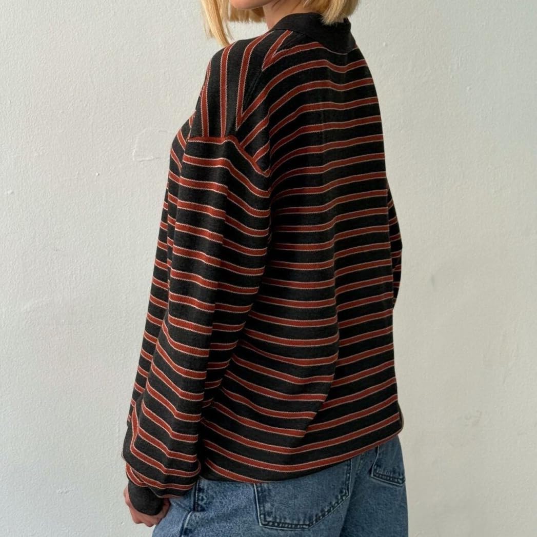 Women Rugby Polo Shirts Oversized Long Sleeve Collared Striped Sweatshirt Y2k Preppy Pullover Tops