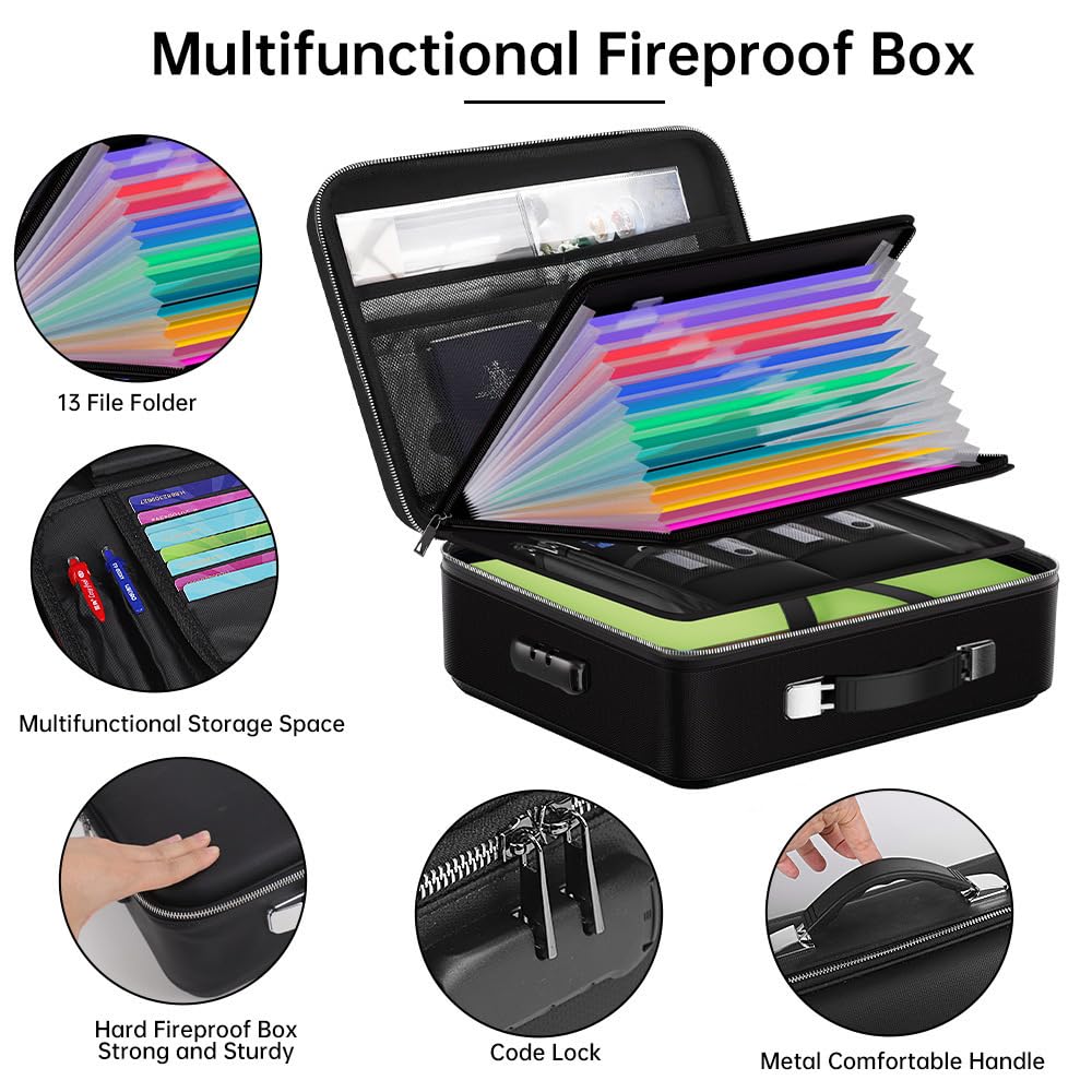 NEWFUN Bolsa Ignifuga, Caja para Documentos Ignífuga, Bolsa Impermeable Ignífuga para Documentos, Bolsa Rígida con Cerradura con 12 Compartimentos para Documentos A4, Certificados, Pasaportes, etc.