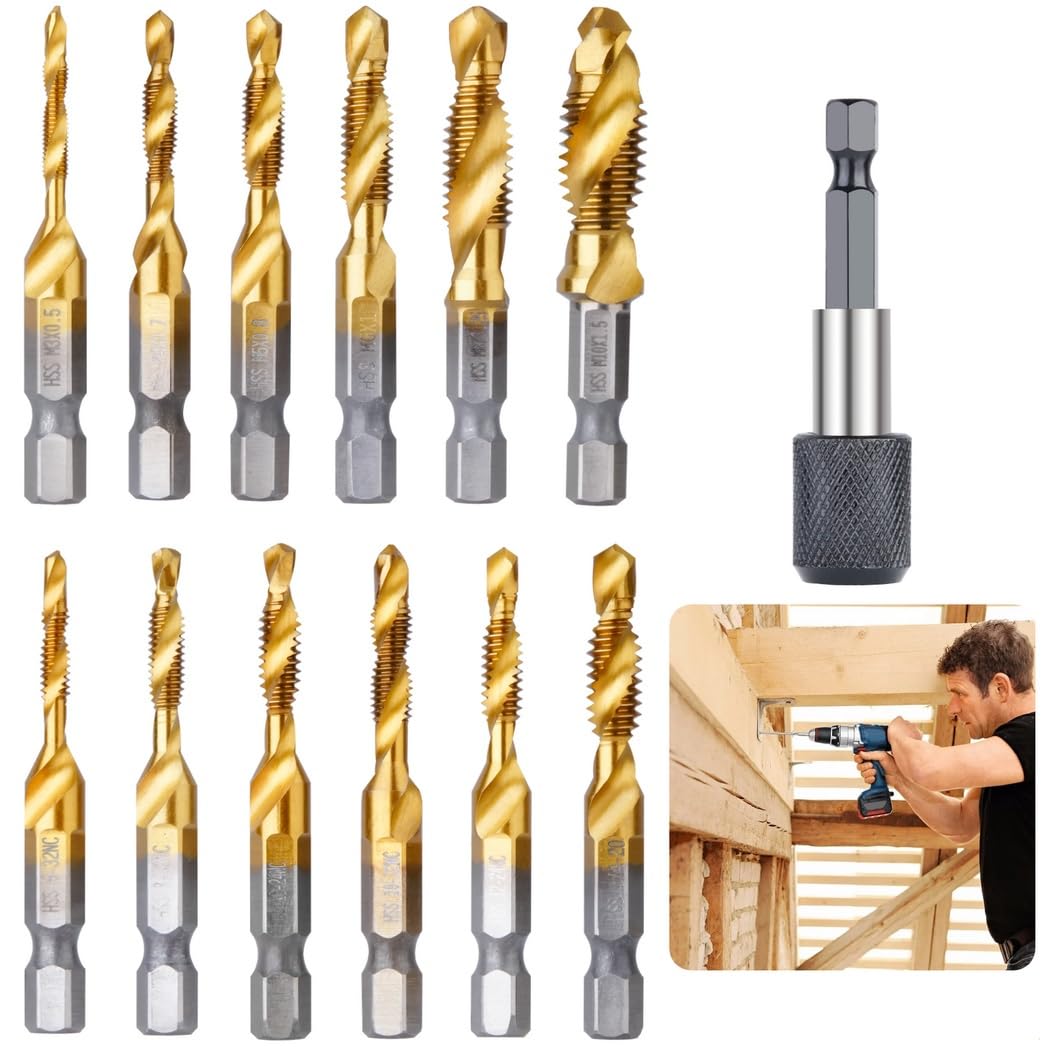 13-Piece SAE/Metric Drill Tap Set, Includes Quick Change Hex Shank Adapter, Titanium Steel Tapping & Drilling Tools