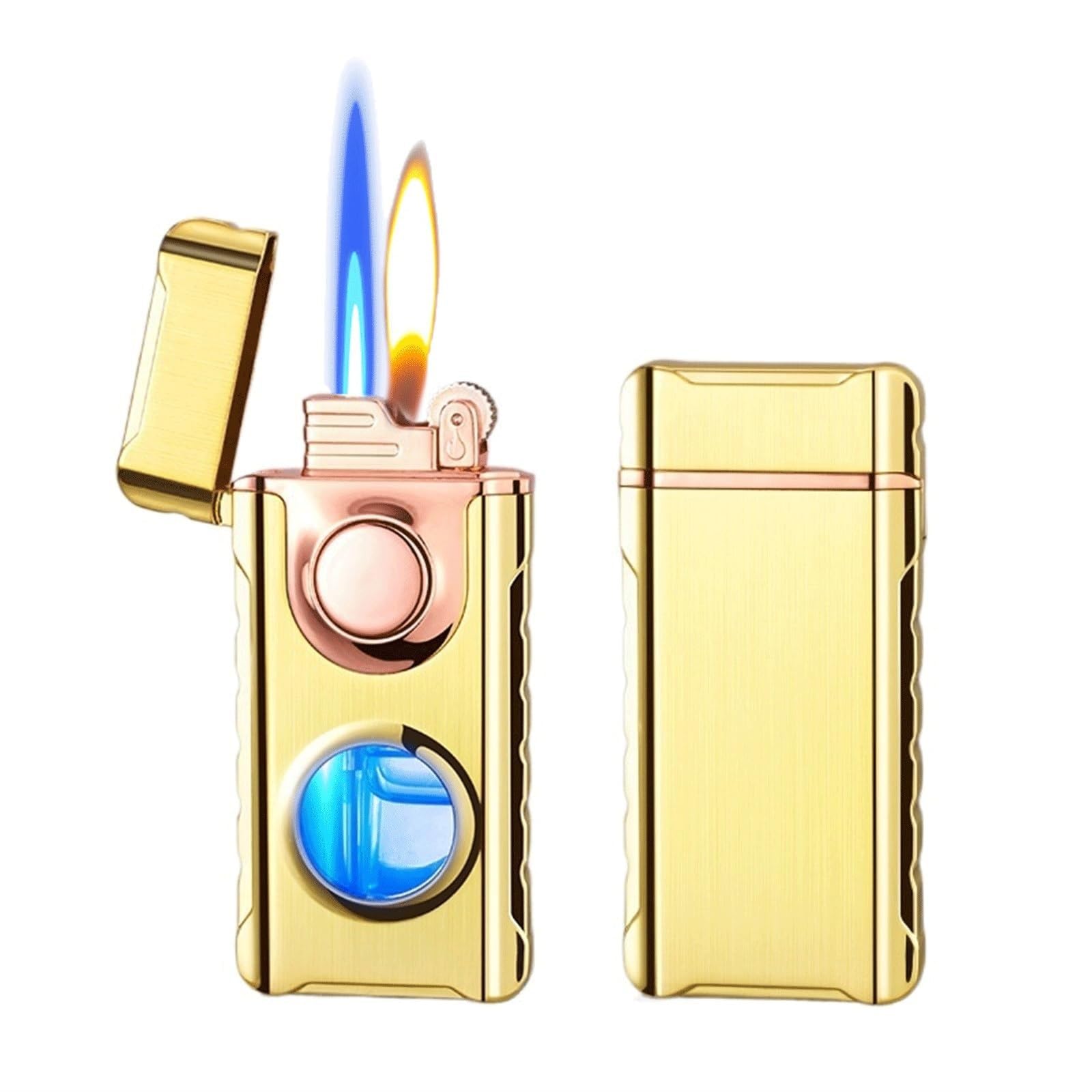 Mechero de metal resistente al viento, linterna doble con llama suave ajustable y chorro, encendedor de butano recargable, ventana de combustible visible para acampar y asar (combustible no incluido)
