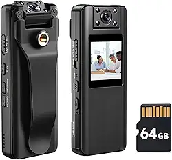 BOBLOV Câmera corporal A22 de 64 GB, lente rotativa de 180°, BodyCam 1080PHD com tela OLED para reprodução, câmera corporal portátil com suporte de áudio, gravação de 4 horas