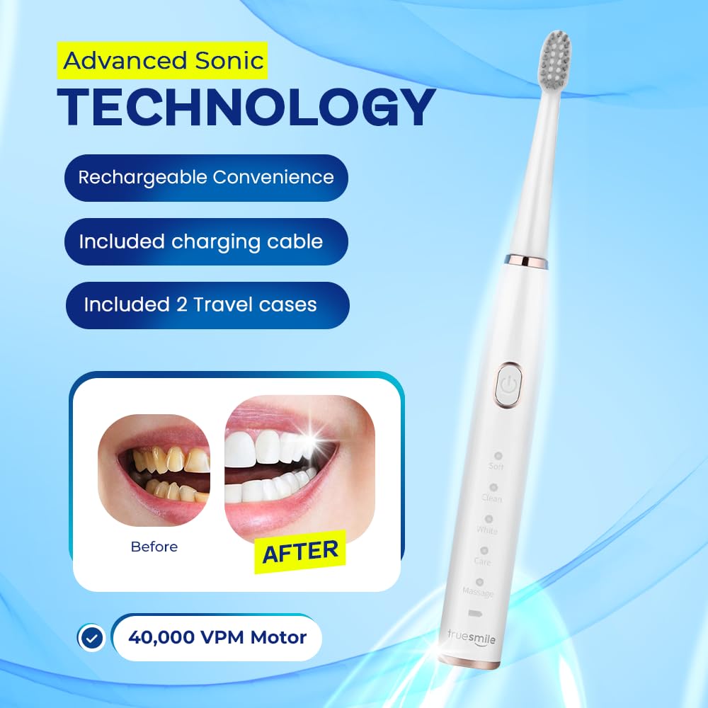 TrueSmile Sonic - Confezione di 2 spazzolini elettrici (nero e bianco) con 8 testine di ricambio, 5 modalità di pulizia, timer intelligente da 2 minuti, ricaricabile tramite USB, impermeabile IPX7