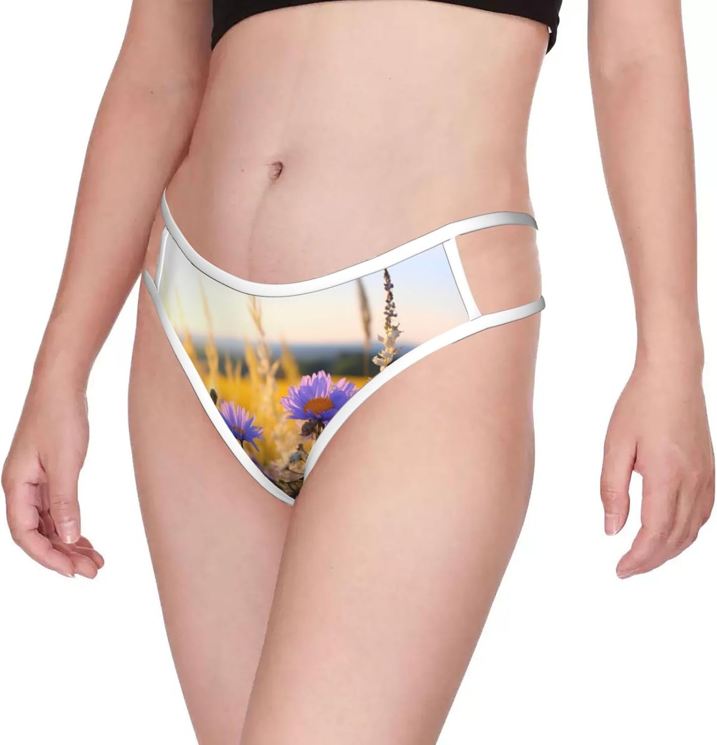 Wild Flowers And Cornflowers Daisies3 Print Sexy Underwear G String Thongs For Women Low Rise No Show Workout Panties For Sports And Yoga White