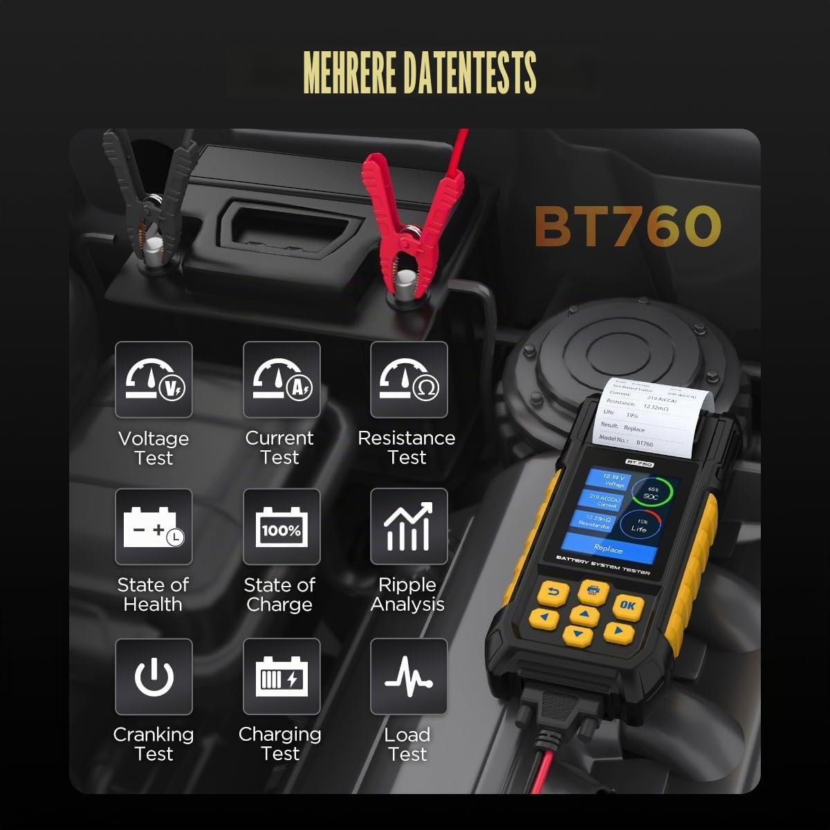 AUTOOL BT760 12-V-/24-V-Batterielastprüfgerät für Kraftfahrzeuge mit 30–2000 CCA, Batterieanalysator für Anlasser und Ladesysteme mit Drucker,Batterietester kfz für schwere LKWs, Motorräder ATV SUV