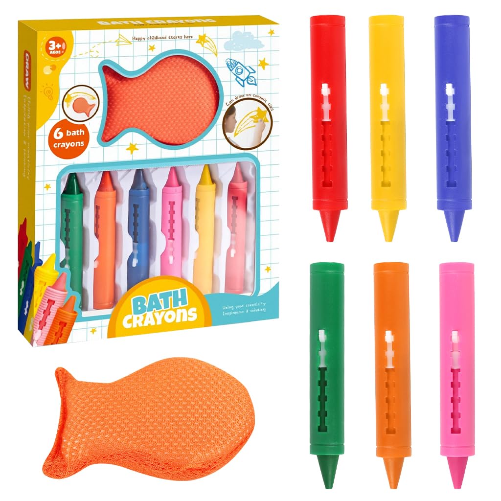 PATPAT® Children Bath Crayons, Telescopic 6-Color Water Soluble Crayons with Sponge Eraser, Bath Painting Crayon for Tile, Bath Tub, Fun Bath Toy for Toddlers, Safe & Non-toxic-image-1