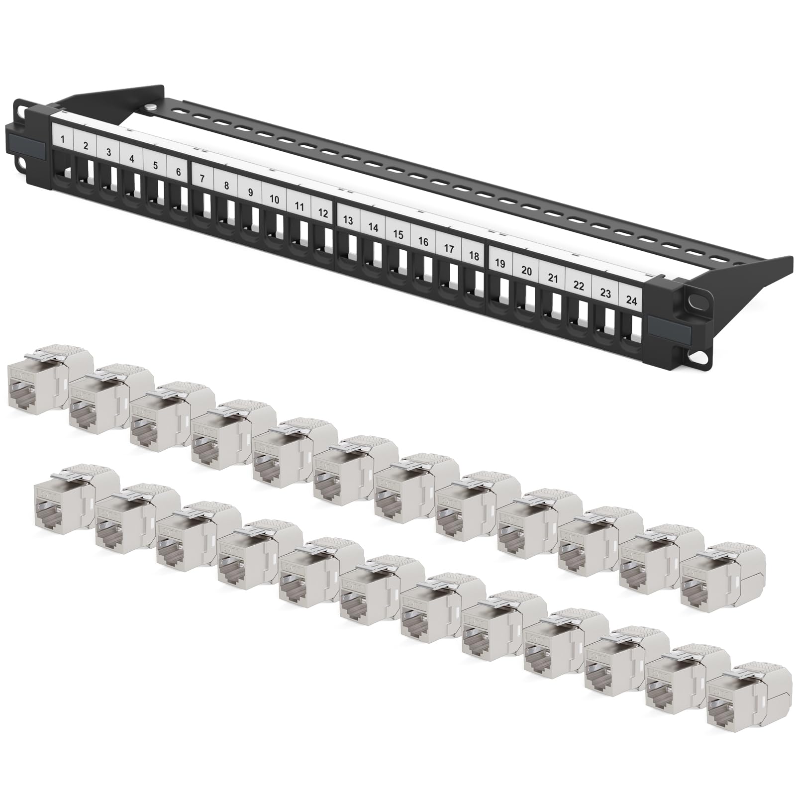 hb-digital Panel krosowy z 24 portami sieciowymi, panel krosowy 1 HE + 24 x CAT 7 Keystone Module RJ 45, gniazdo Jack do montażu na ścianie, kompatybilny z kablem instalacyjnym CAT 6 CAT 6a Ethernet
