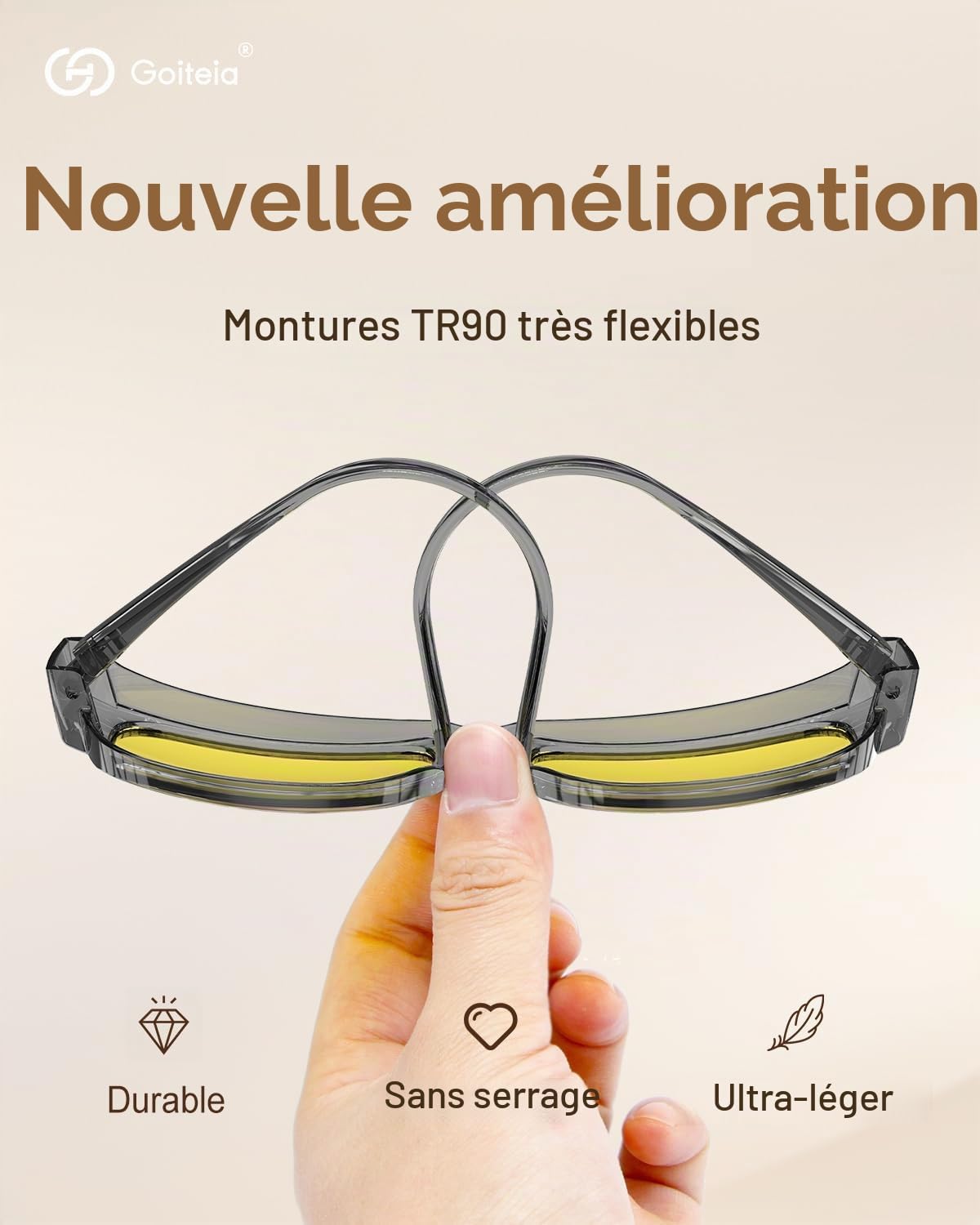 Goiteia lunettes de conduite de nuit adaptées, Anti-éblouissement efficace des phares venant en sens inverse, ultra léger，Protection UV 400 polarisée