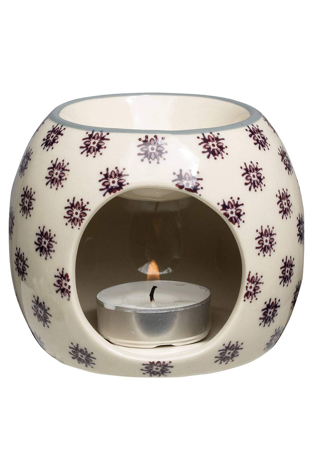 Tranquillo Lámpara de Aceite Perfumado Lia de Cerámica Patrón Simétrico con Motivos Florales, Ø 10 x 8 cm.