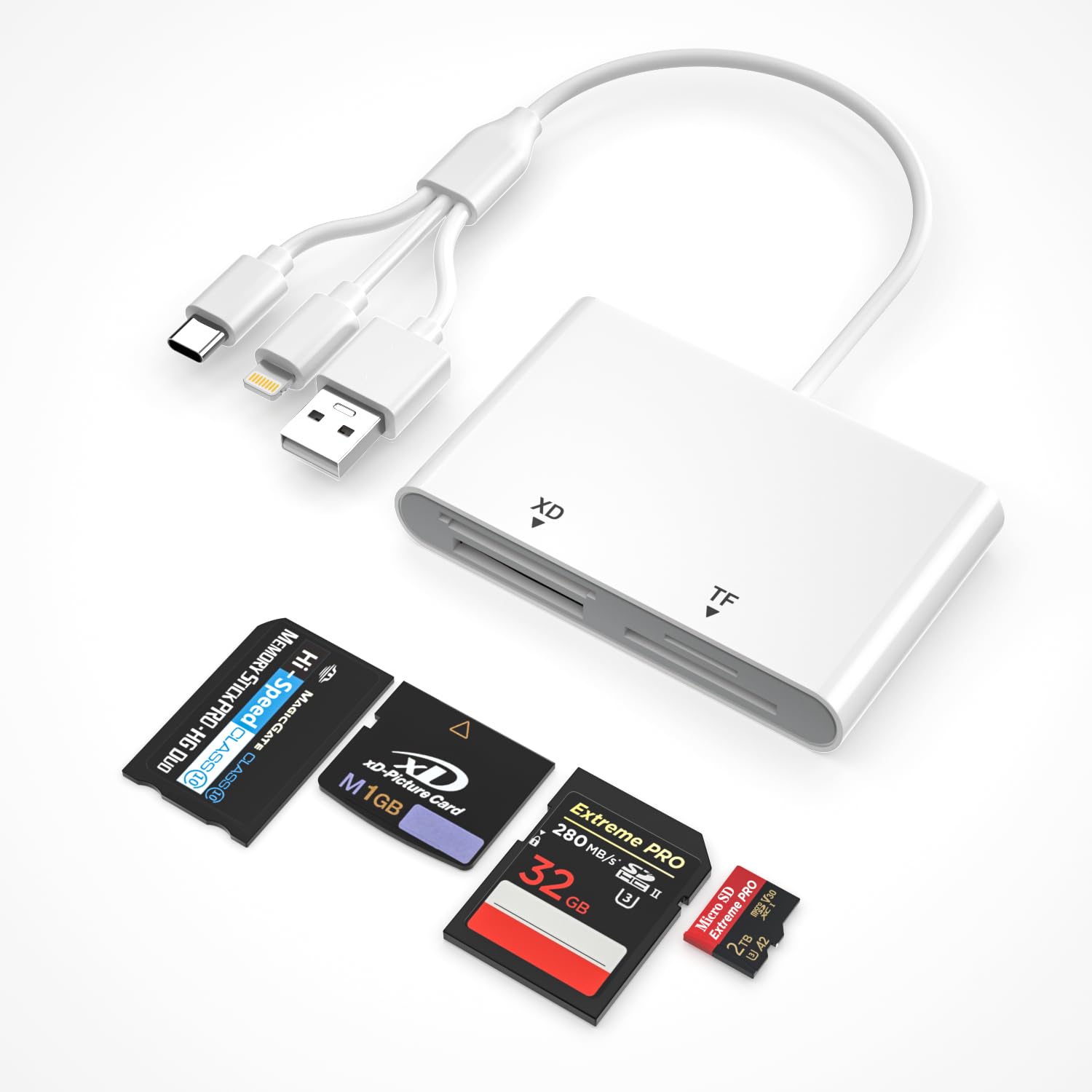 4 en 1 Lecteur de Carte pour SD/TF/MS/XD, Adaptateur Memory Stick Pro Duo pour iPhone/iPad/PC/Android, SD Card Reader avec USB C/Lightning/USB & OTG, Lecteur Carte XD pour Olympus Plug & Play