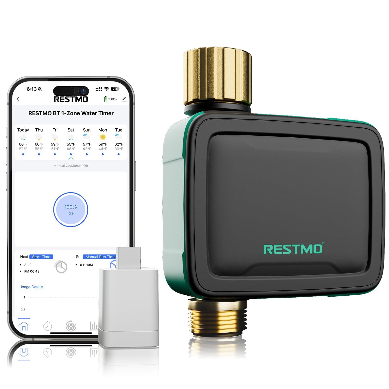 RESTMO Smart Sprinkler Timer with Flow Meter, Water Timer for Garden Hose, Brass Inlet & Outlet, Automatic Lawn & Yard Irrigation Watering System, APP Remote Control (2.4Ghz WiFi Connection)