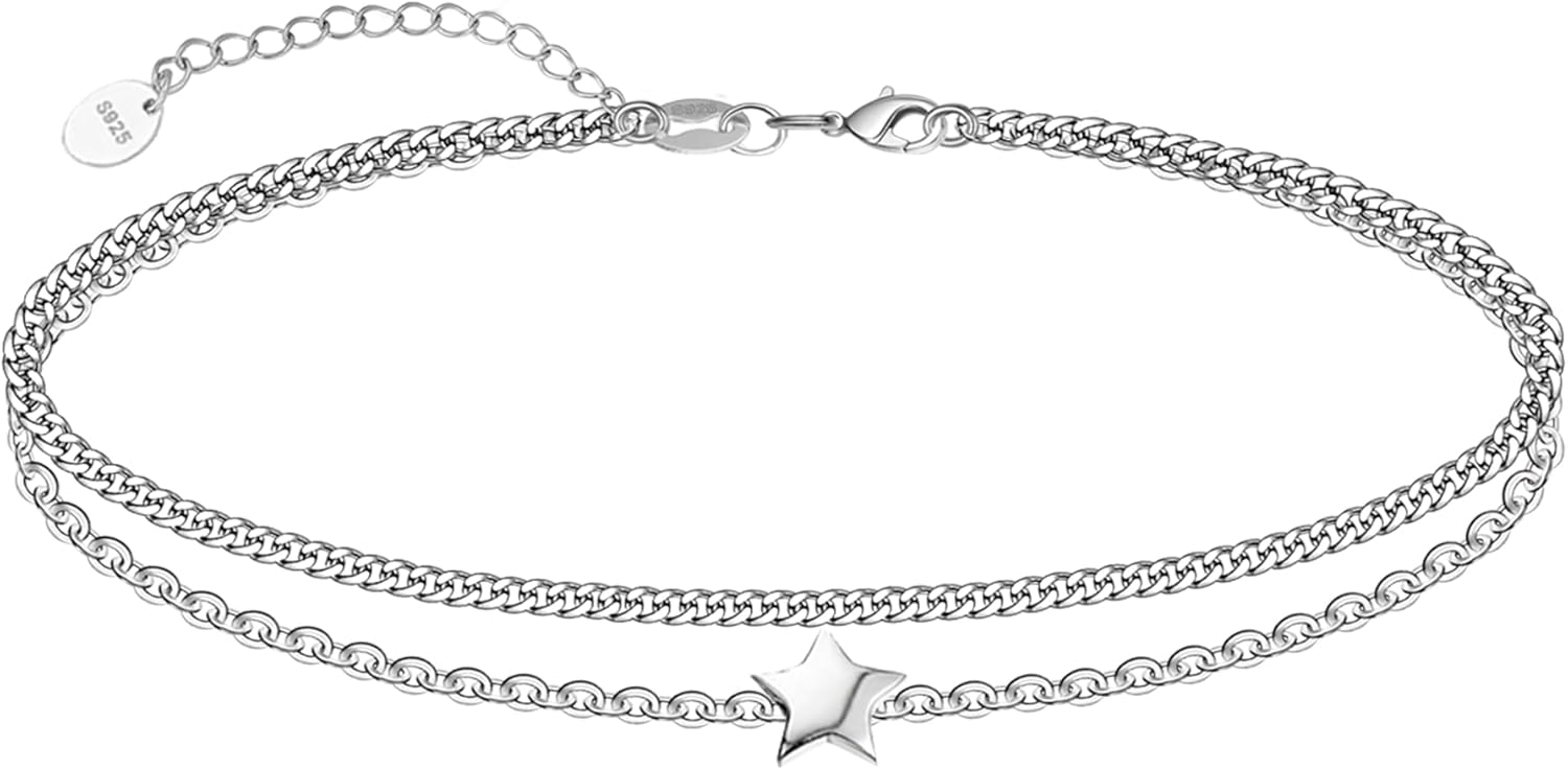 CHIC & ARTSY 925 Sterling Silver Ankle Bracelets for Women, Adjustable Double Layer Chain Anklets, Minimalist Lightweight Foot Jewelry for Beach & Everyday Wear