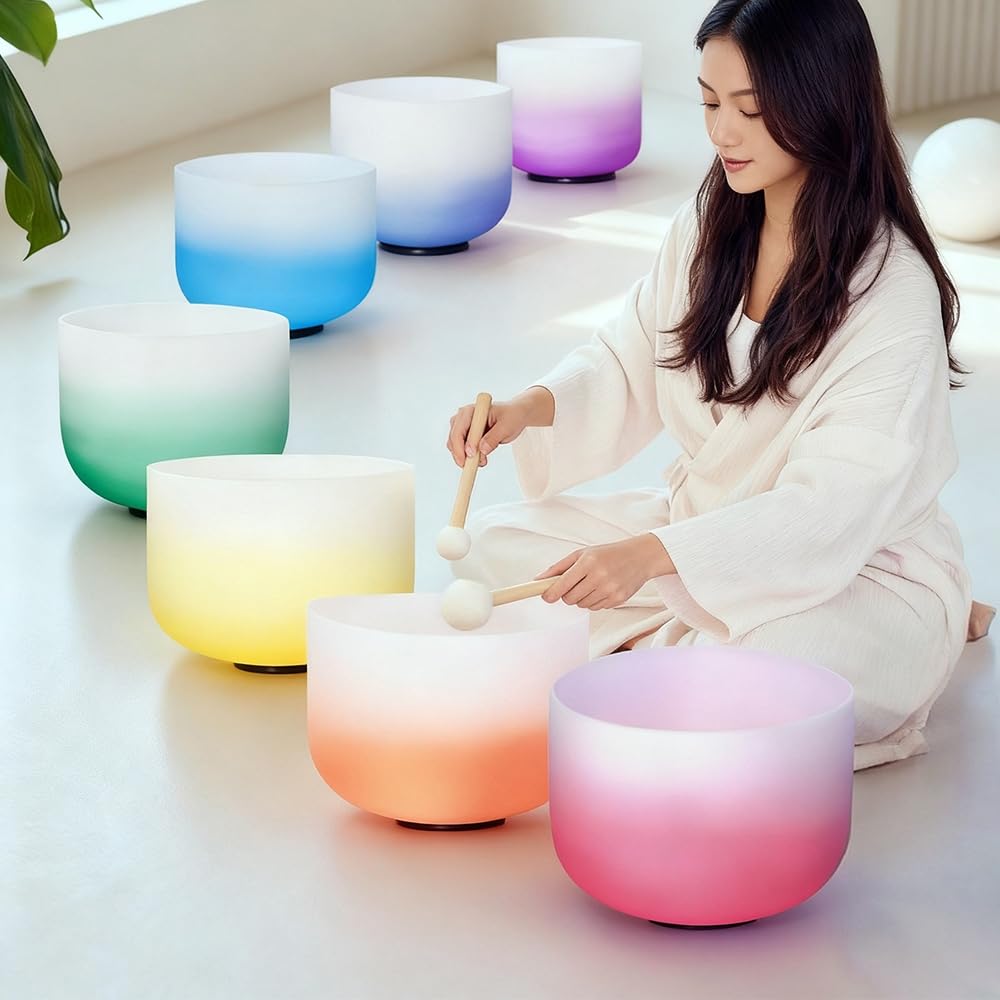 Hye-eun Set di campane tibetane in cristallo, 432 Hz, 6 – 12 pollici, gradiente di colore, cristallo singing bowl 7 chakren, set da meditazione per yoga, guarigione energetica, antistress