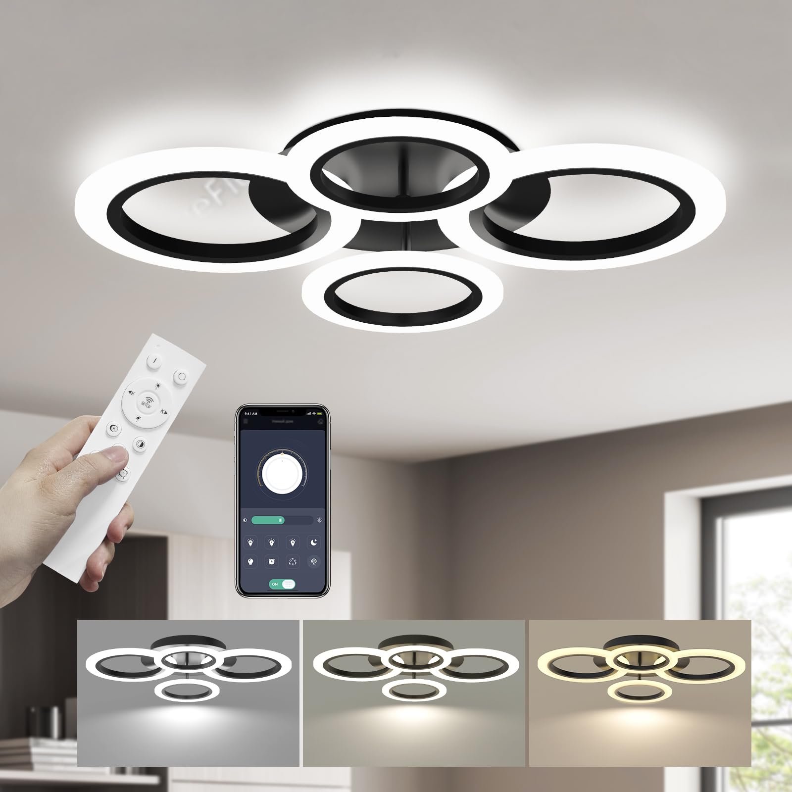 Photo 1 of GooComfy Modern Contemporary LED Ceiling Light Fixture with Remote Control, 22" Dimmable Semi Flush Mount Ceiling Light with APP Control for Dining Room, Kitchen, Living Room, Bedroom, Office, Black