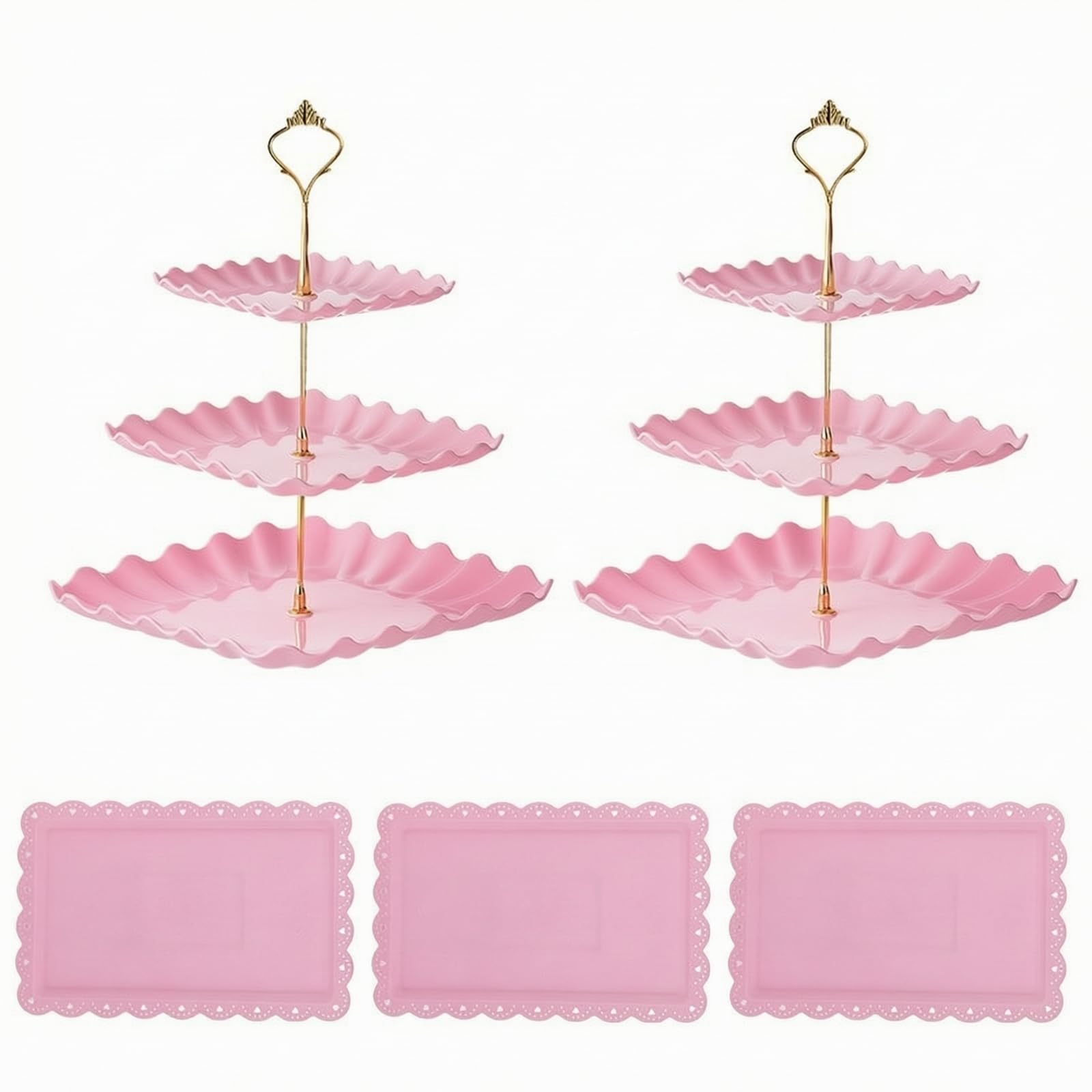 Colcolo Soporte para Postres Expositor Bandeja Platos Kit de 5 Piezas con Expositor Ondulado de 3 Niveles y 3 Bandejas , Rosa , Ondulado Poste Dorado Con Cabeza De Flor Juego De Cinco Piezas