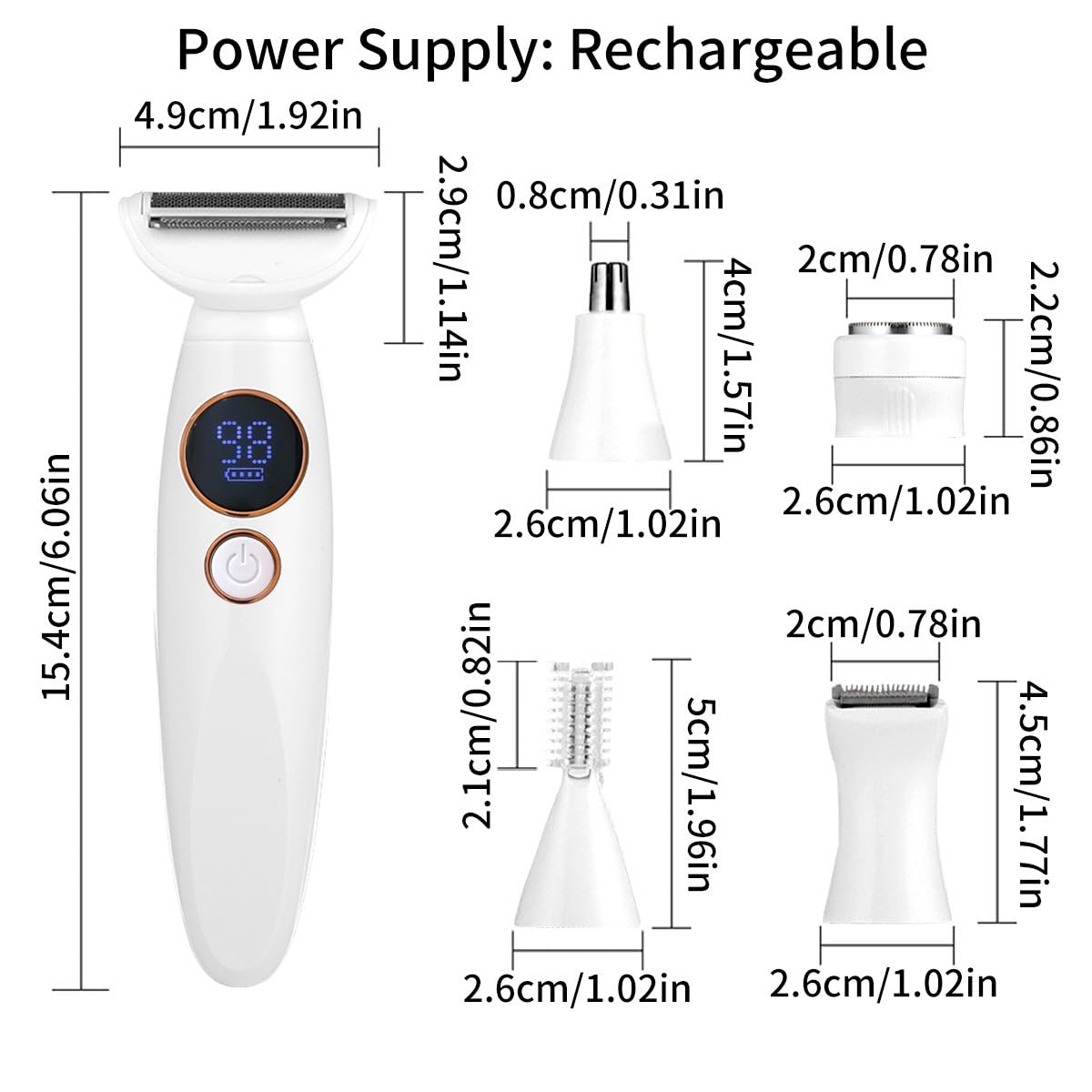 Rasoir Elios Femme 5 En 1, Rasoirs Électriques Femme, Epilateur Visage Femme avec Affichage, 5 têtes interchangeables Tondeuse Bikini 5 En 1 Étanche IPX7, Aisselles, Pour Bikini, Jambes, Nez (Blanc)