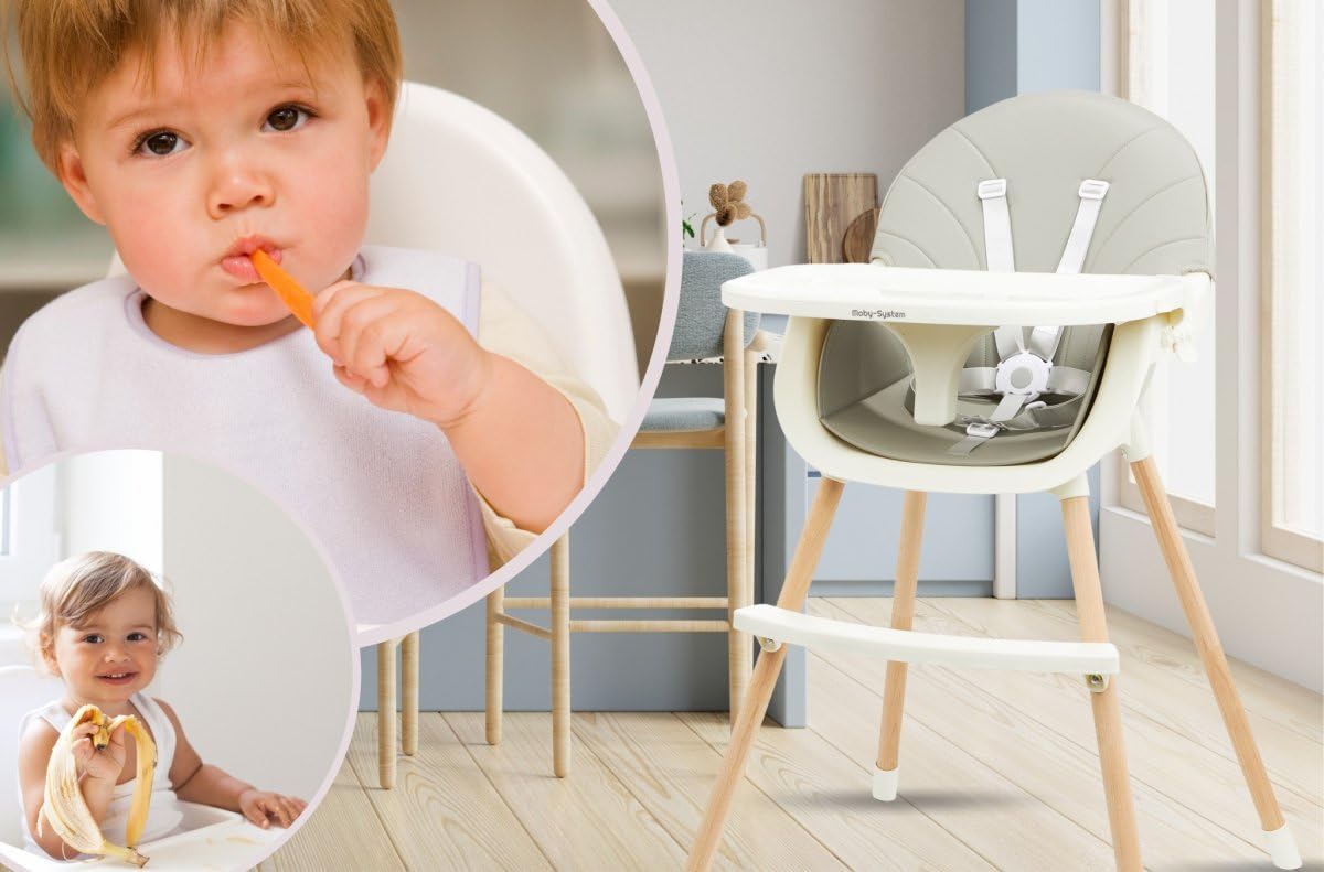 Moby-System Krzesełko do Karmienia Drewniane Amelia 2, 3w1 Krzesełko dla Dziecka od 6 m-cy do 6 lat, Krzesełko z Tacką i Podnóżkiem dla Dzieci, Pasy Bezpieczeństwa, Krzesło dla Starszaka, Szare