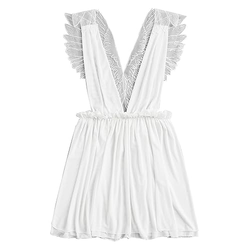 Valentines Lingerie for Women V Sexy Lace Nightgown Fashion Stitching Lingerie Angel Deep Ladies Pajama Set - White - L