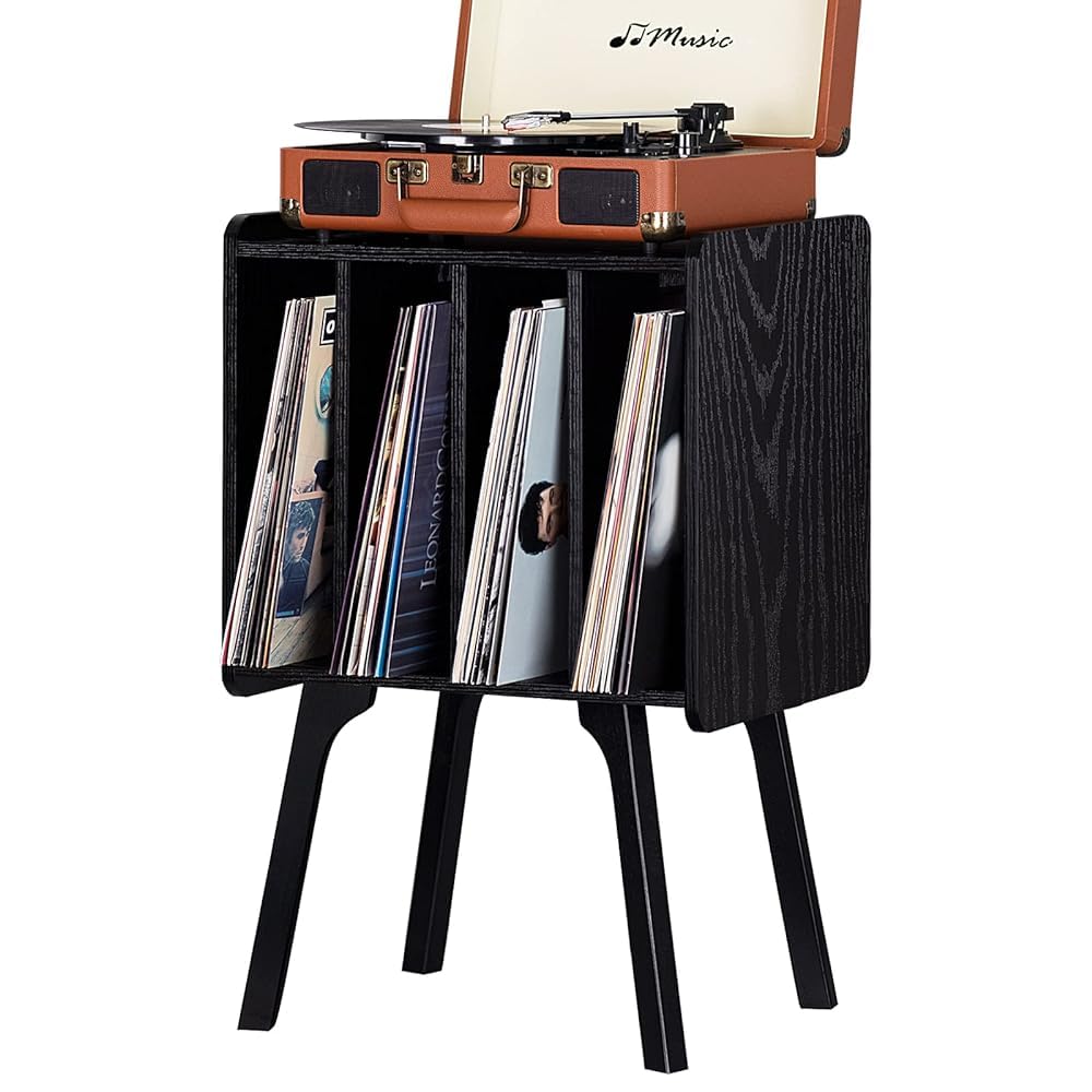 LELELINKY Support De Disques En Bois Avec 4 Armoires, Table De Lecteur Vinyle Du Milieu Du