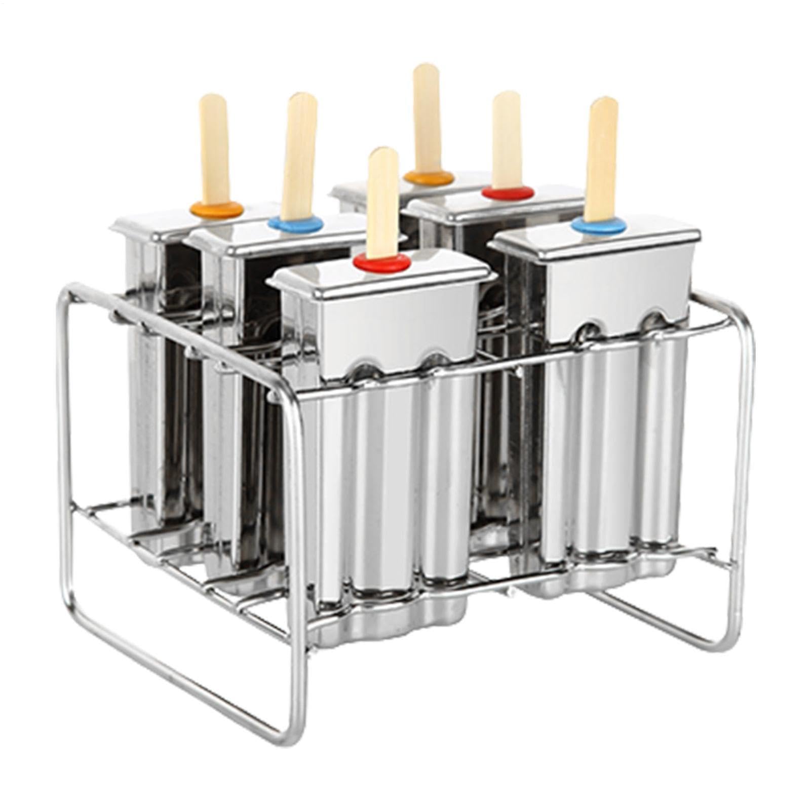 Moldes de acero inoxidable 304 reutilizables para helados de 14 | 5 x 13 x 10 cm, 6 ranuras para hacer paletas de hielo con base de soporte y 100 palos para caseras varios líquidos