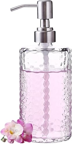 Dispensador de jabón de vidrio con diseño martillado transparente de 14.5 onzas con bomba de acero inoxidable 304 a prueba de óxido, dispensador de