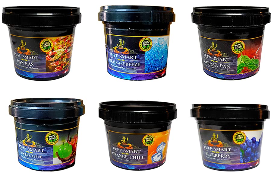 PUFF SMART Premium Herbal Flavor Pan Ras, Brain-O-Freeze, Zafran Pan, Double Apple, Orange Chill And Blueberry 100G In Each Pack (Pack of 6) (100% Nicotine and Tobacco Free)-image-31
