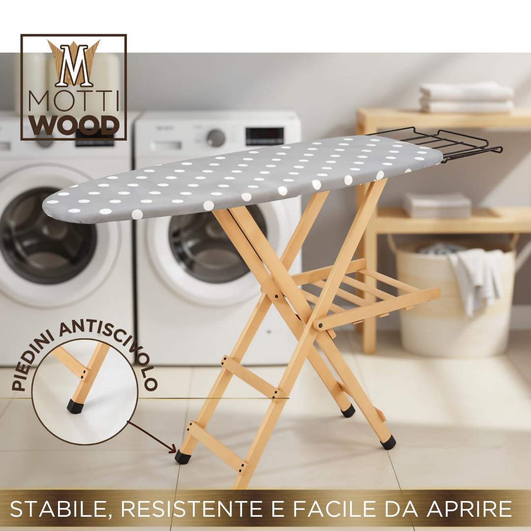 Asse da Stiro Premium, 100% Legno Massiccio di Faggio, Tavola da Stiro con Fori Traspiranti, Pieghevole, 3 Posizioni, 143x37,5x93,5, Made in Italy