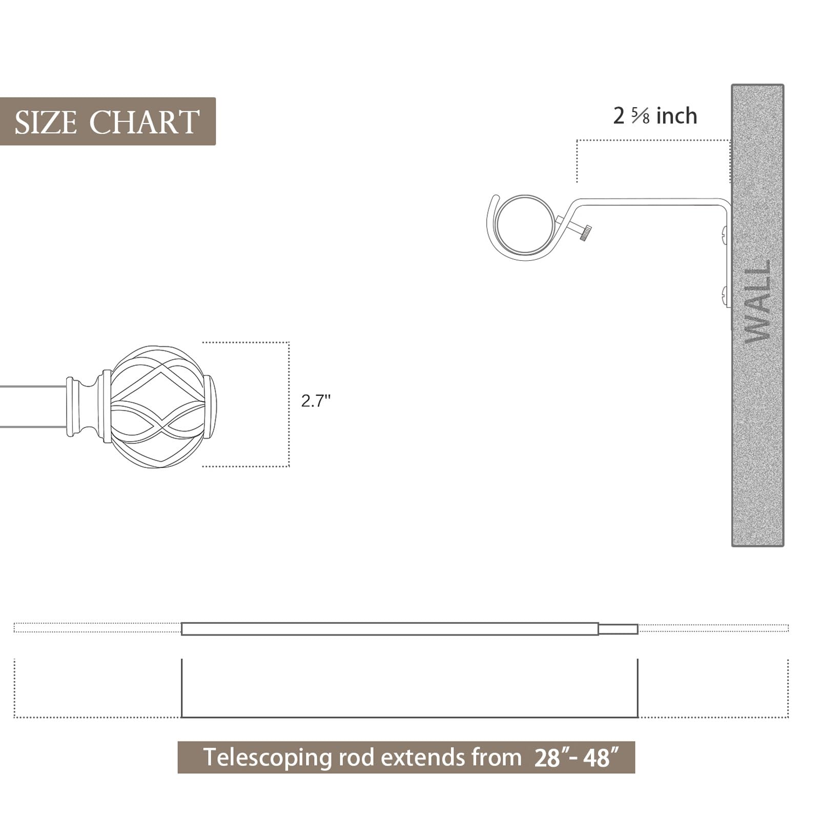 KAMANINA Gardinenstange, ausziehbar, 2,5 cm, 2 Stück, 71 bis 122 cm, Antiksilber