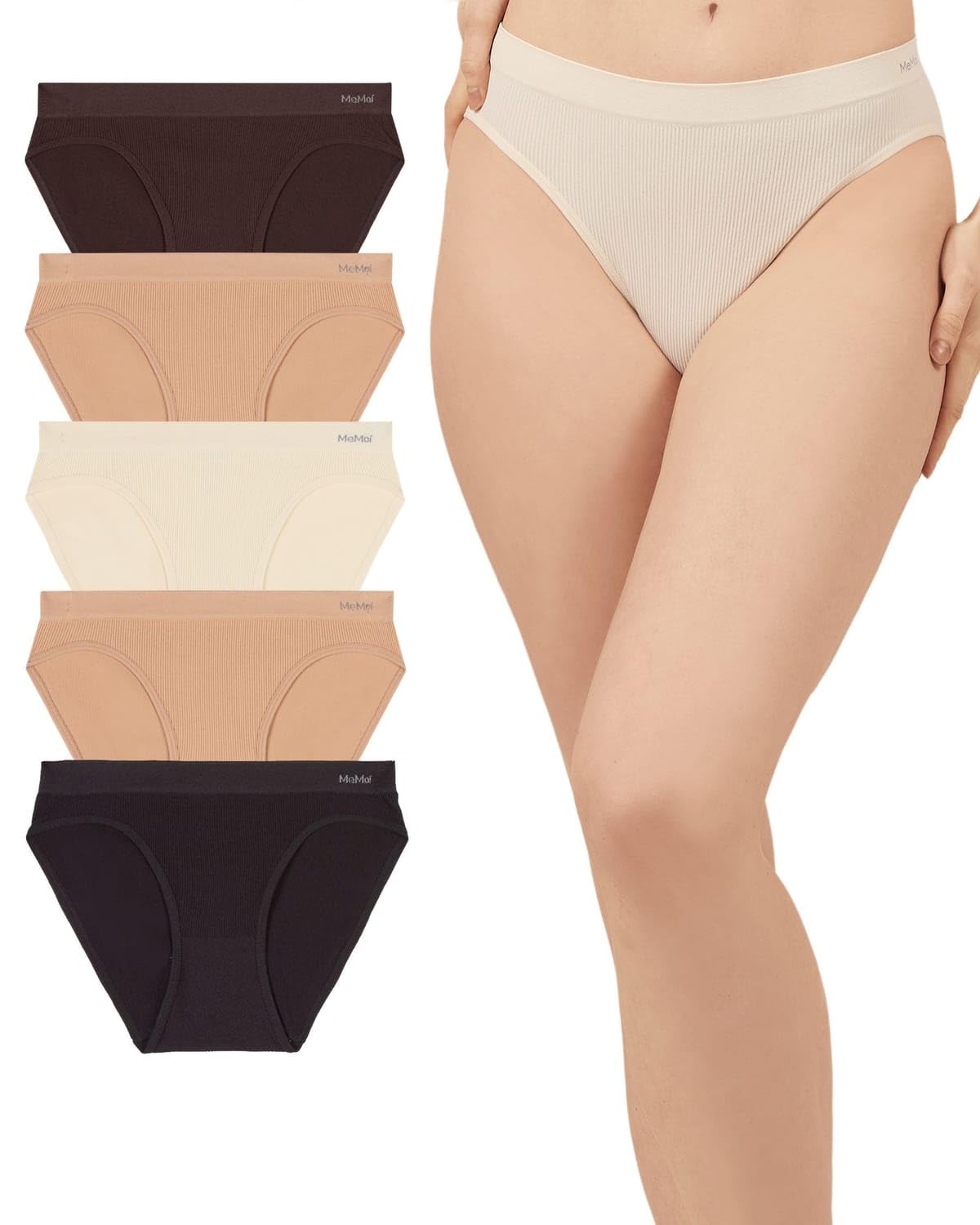 MeMoi Women's Pin Rib Seamless Bikini Panties 5 Pack, No Show Underwear