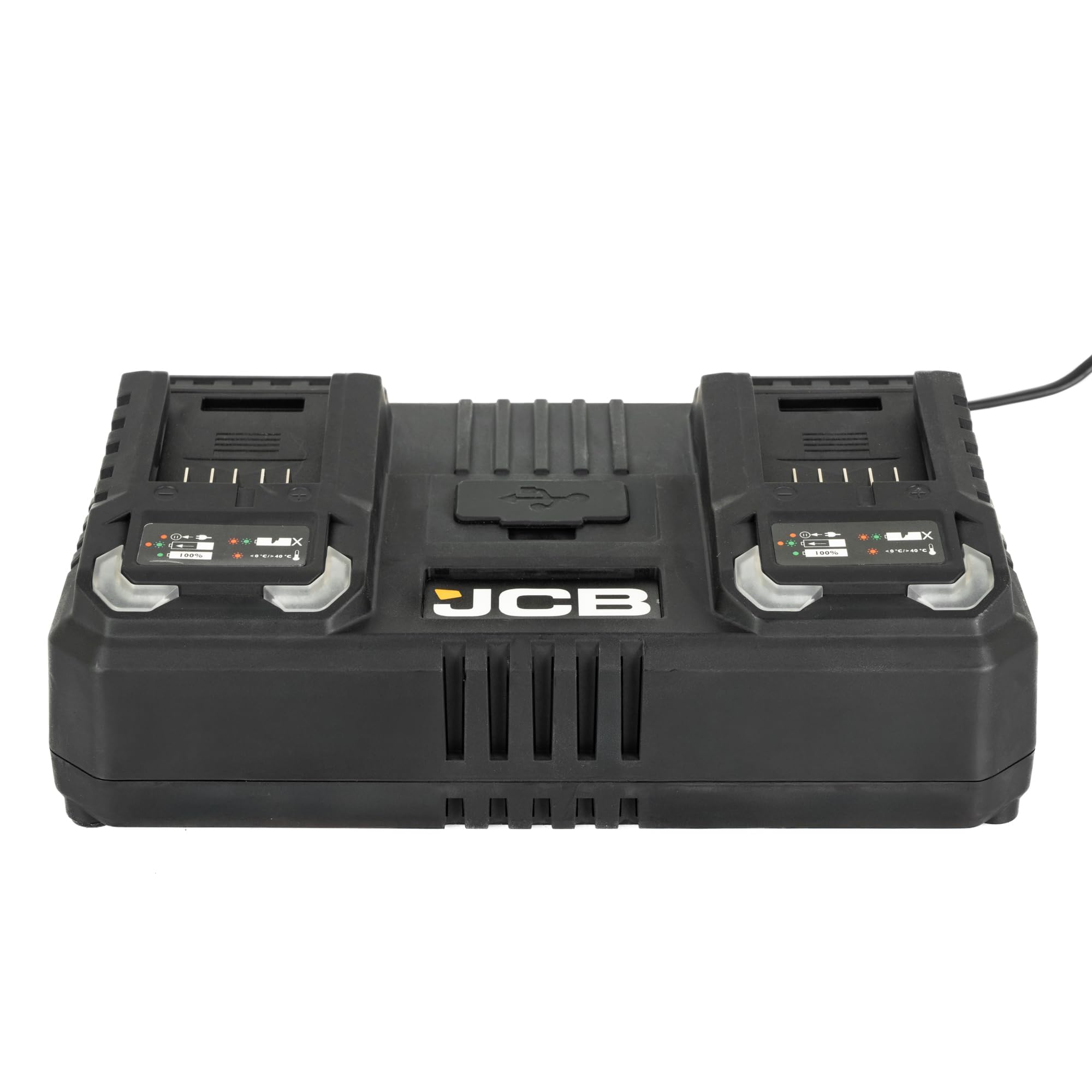 JCB Caricabatterie rapido Pro 18V Dual Port 2×4.5A con porte USB e USB-C aggiuntive - Compatibile con JCB Cordless & Professional Tools - Garanzia di 2 anni