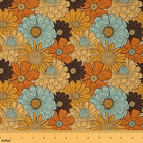 Tissu d'ameublement hippie à motif marguerites vintage des années 70 pour chaises, canapés, tissu imperméable à motif floral orange bleu pour tapisserie...