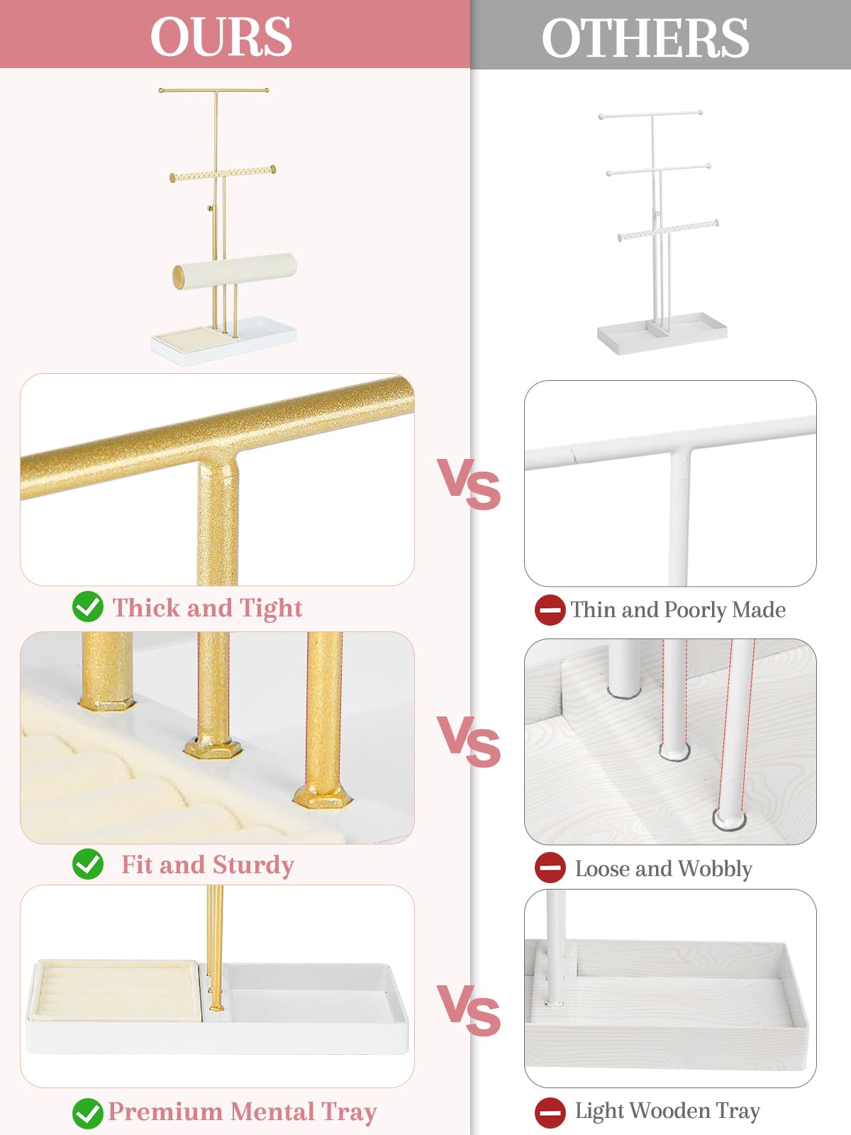 Jenseits Jewelry Organizer Stand Necklace Holder Organizer, 3-Tier Earrings Organizer w/Bracelet Storage Display & Velvet Ring Tray, Cute Metal Aesthetic Jewelry Tower Rack for Women Girls - Gold