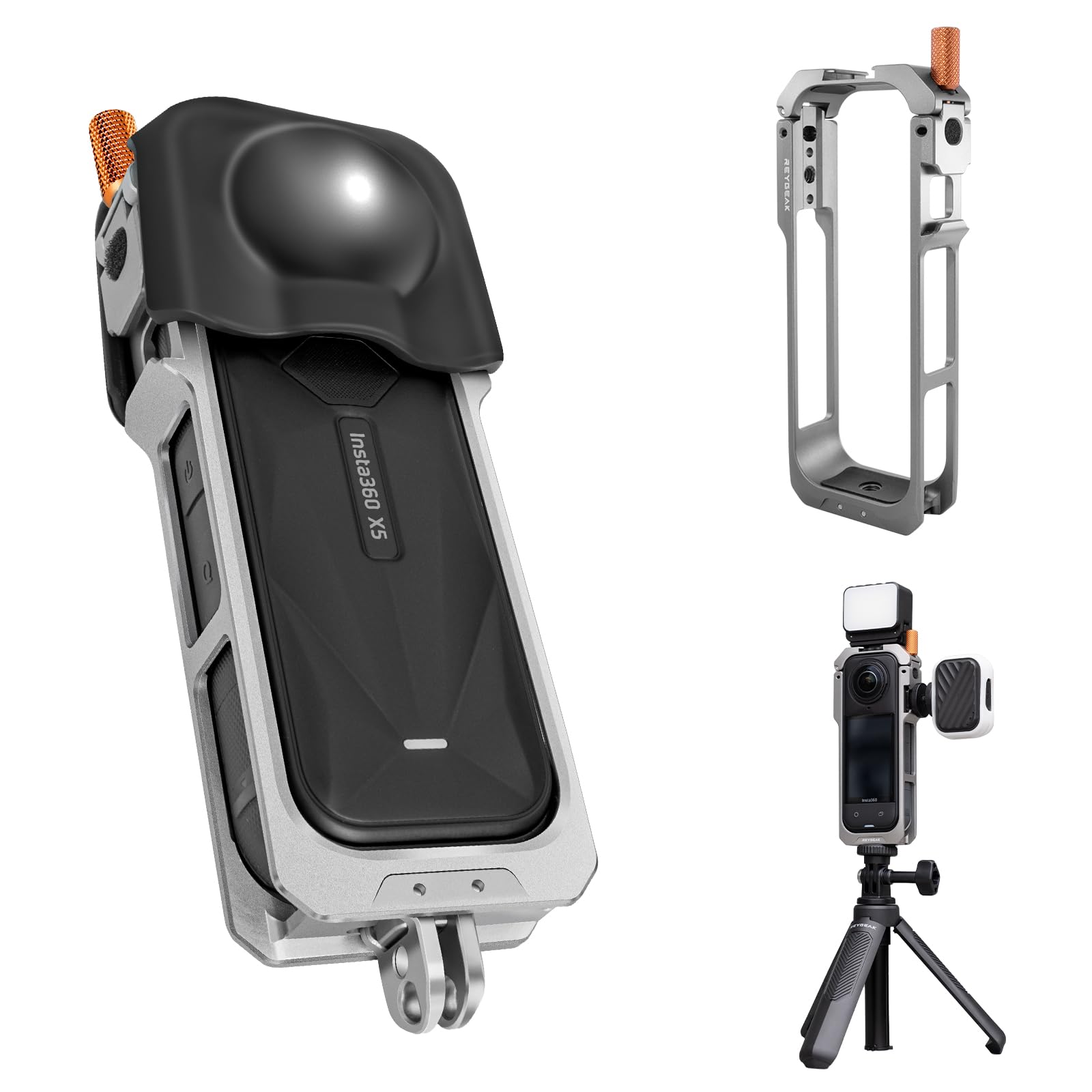 REYGEAKfor Insta360 X5 Utility Frame,Aluminum Camera Cage for Insta360 X5,Protective Case with Silicone Lens Cover,Protective Case with 1/4 Thread Folding Fingers for Inst 360 Accessories