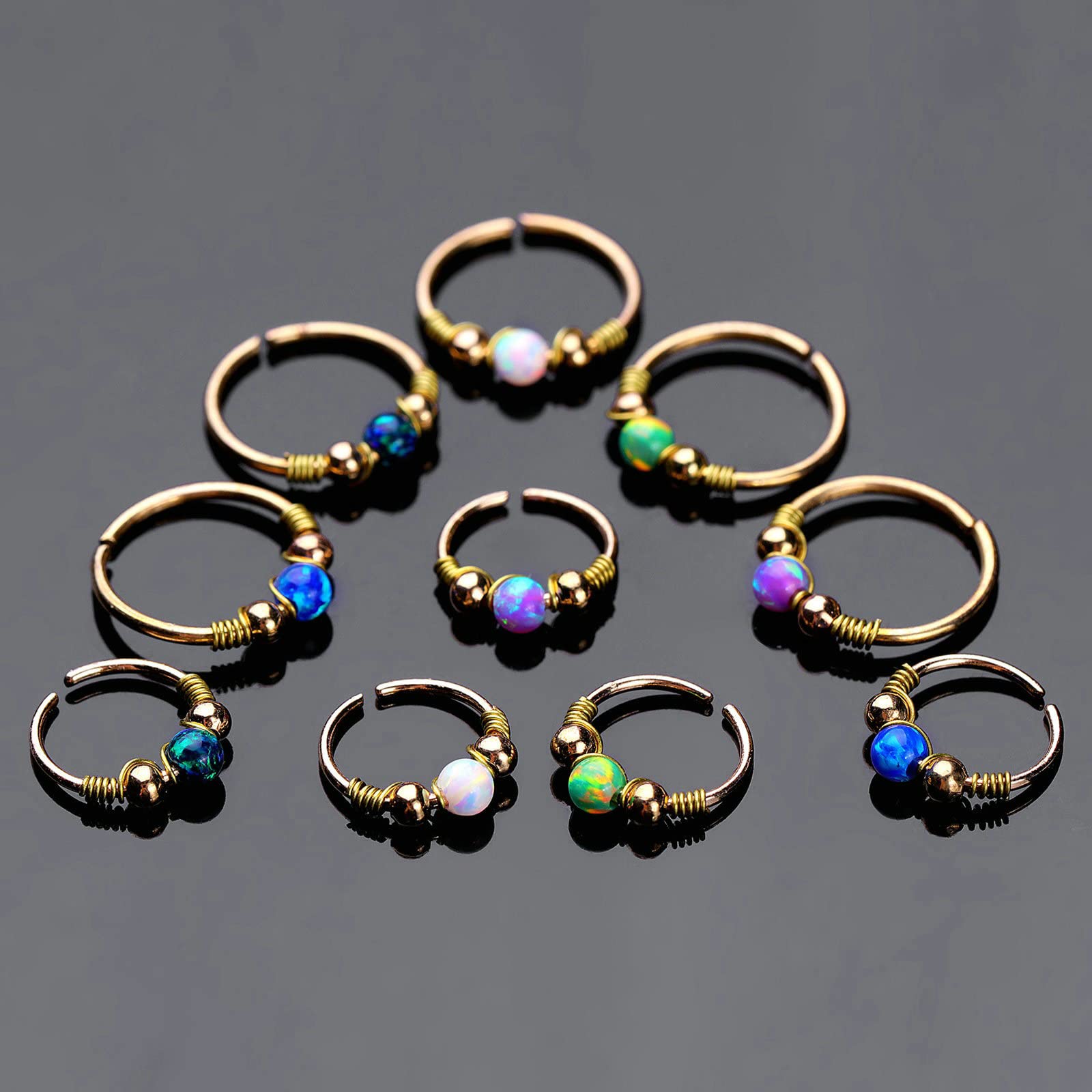 Gualiy 10 szt. kolczyków do nosa ze stali nierdzewnej dla kobiet, okrągły kształt z opalem, piercing do ciała dla kobiet, 8mm, 10mm, Bez kamienia szlachetnego
