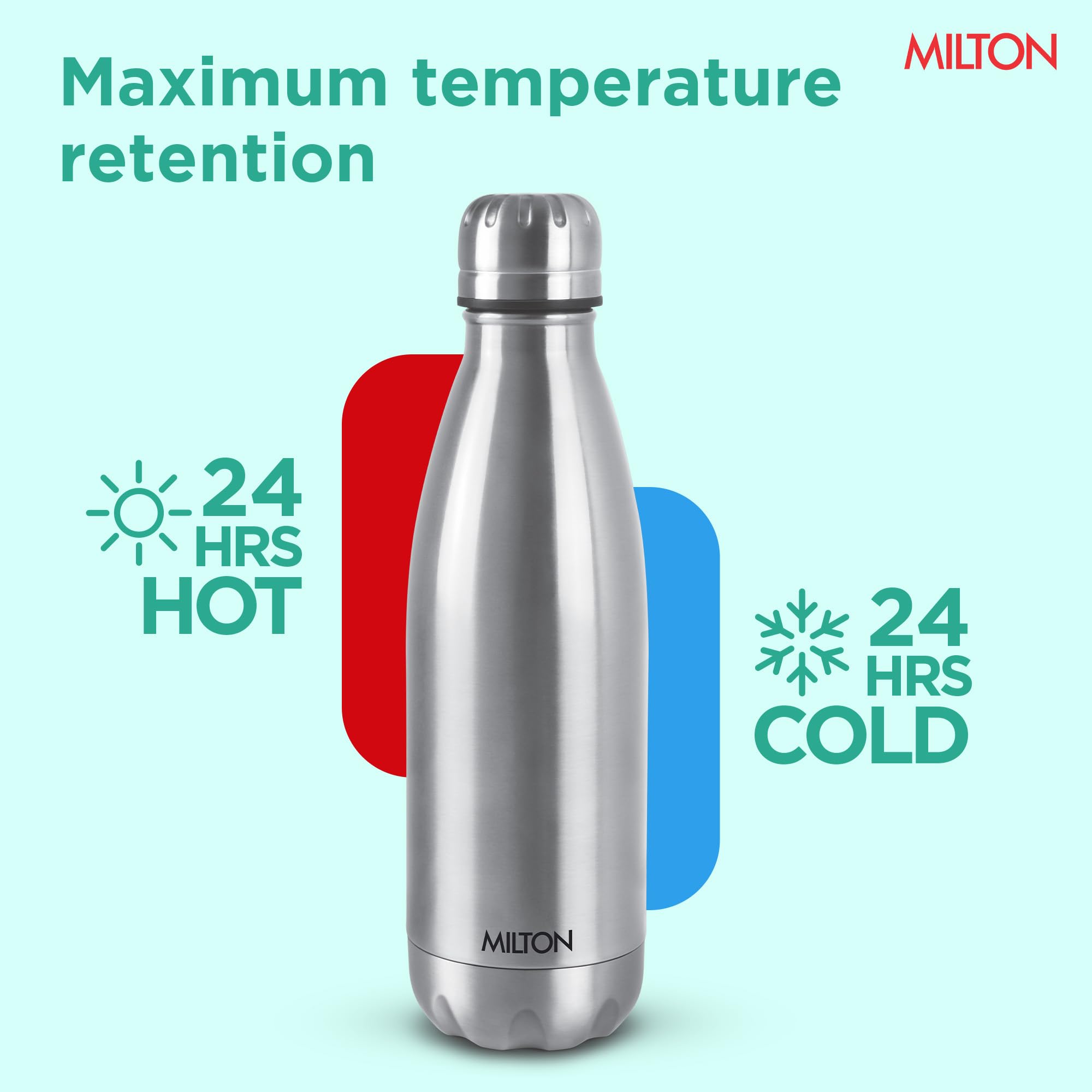 MILTON Thermosteel Duo DLX 1000, Flacon isotherme à double paroi 1000 ml 34 onces 1 LTR Bouteille d'eau chaude et froide 24 heures, acier inoxydable 18/8, sans BPA, de qualité alimentaire, étanche Argent