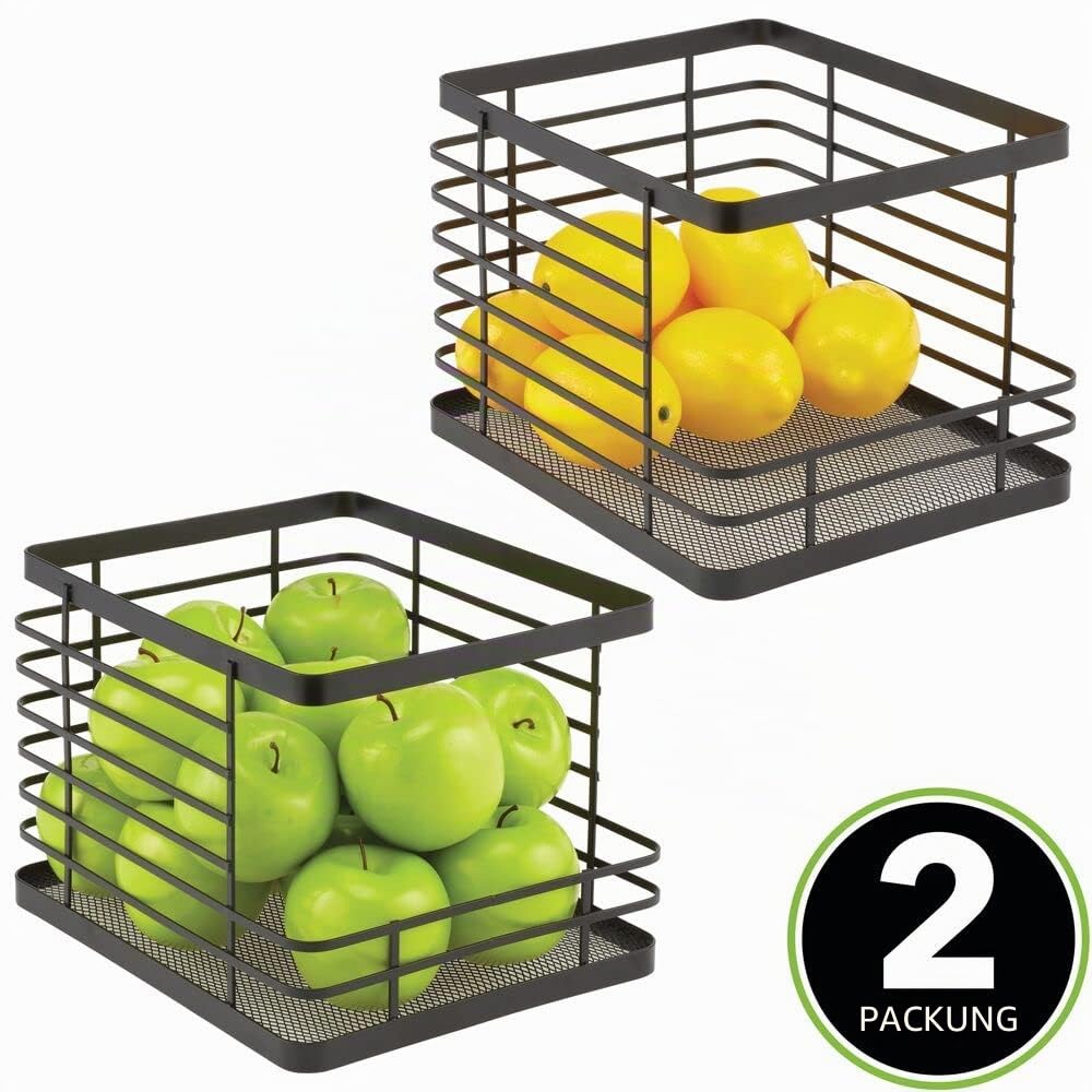 mDesign Obstkorb für die Küche – stapelbarer Korb aus Metall mit offener Front – ideal als Brotkorb, für Obst, Snacks und vieles mehr nutzbar – 2er-Set – mattschwarz