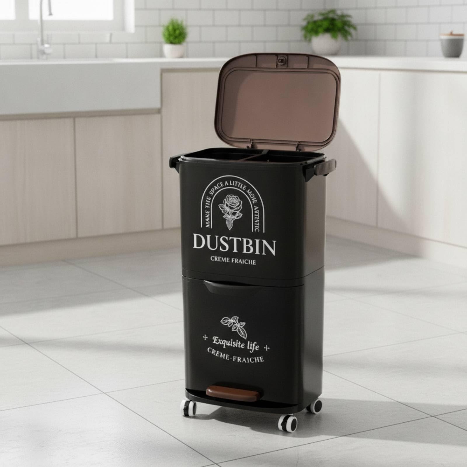 Cubo Basura con Pedal Estrecho Cubo Basura Doble Compartimento Morno Contenedor para Cocina, Negro Misterioso, Size to 1